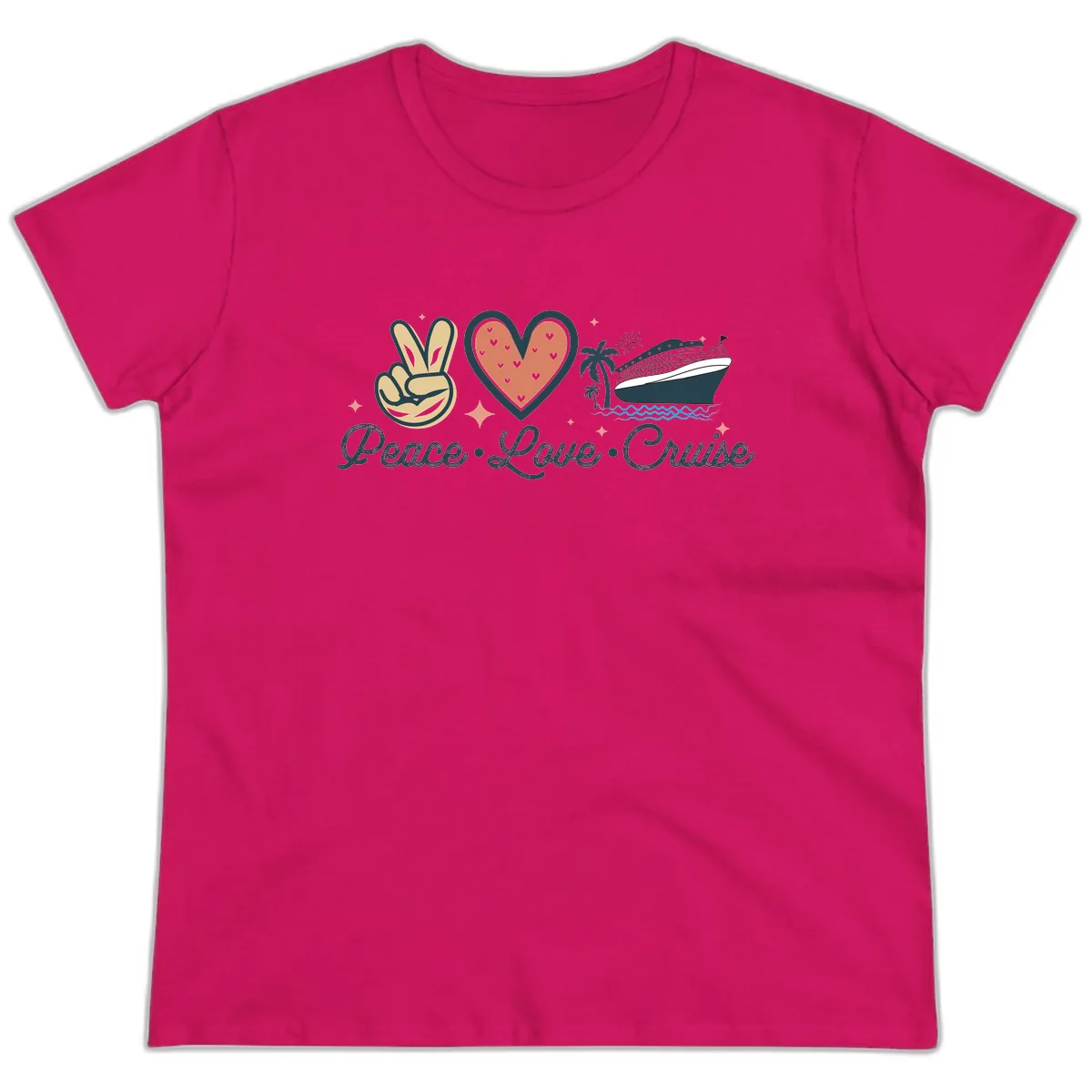 Peace Love Cruise Ladies Tee in Heliconia