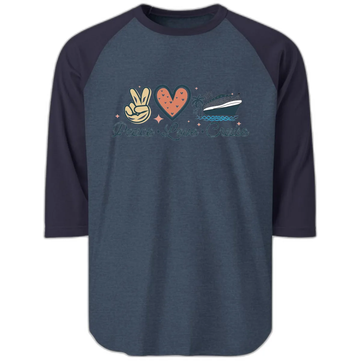 Peace Love Cruise Raglan 3/4 in Heather Denim Navy