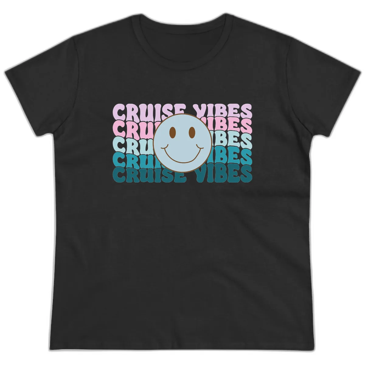 Cruise Vibes Smiley Face Ladies Tee in Black