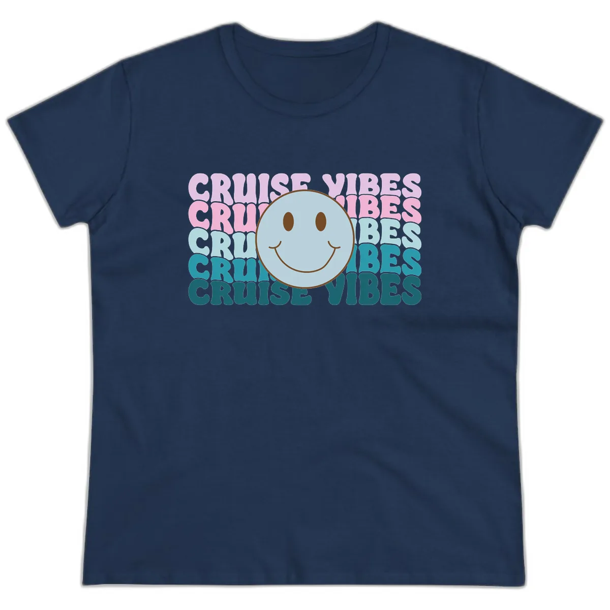 Cruise Vibes Smiley Face Ladies Tee in Navy