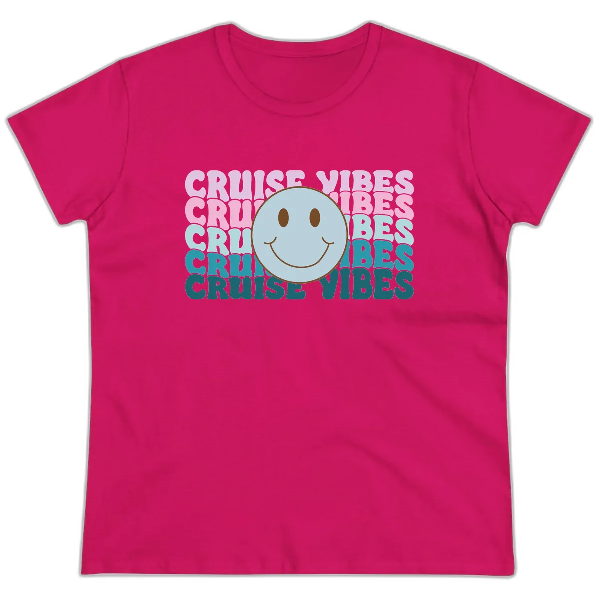 Cruise Vibes Smiley Face Ladies Tee in Heliconia