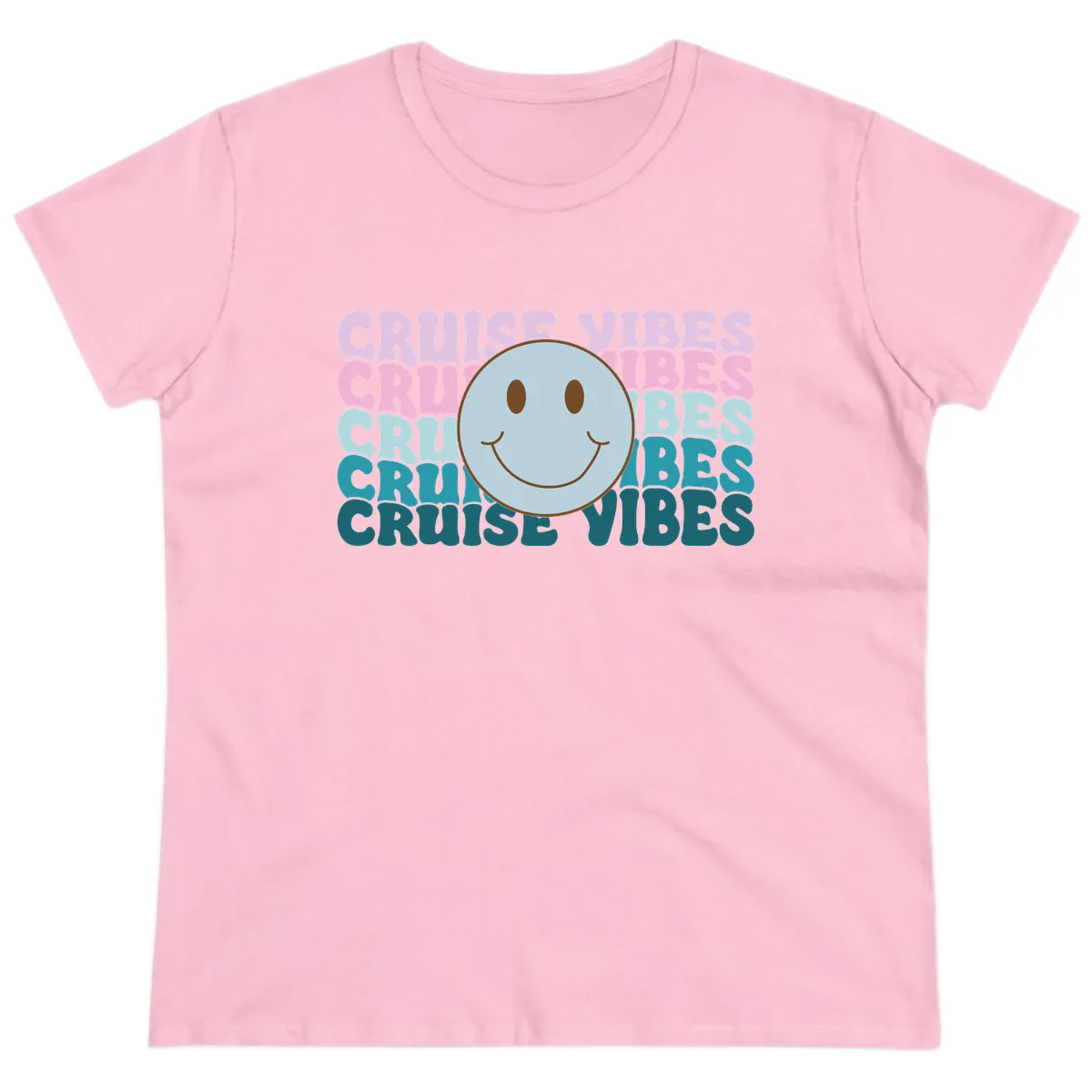 Cruise Vibes Smiley Face Ladies Tee in Light Pink