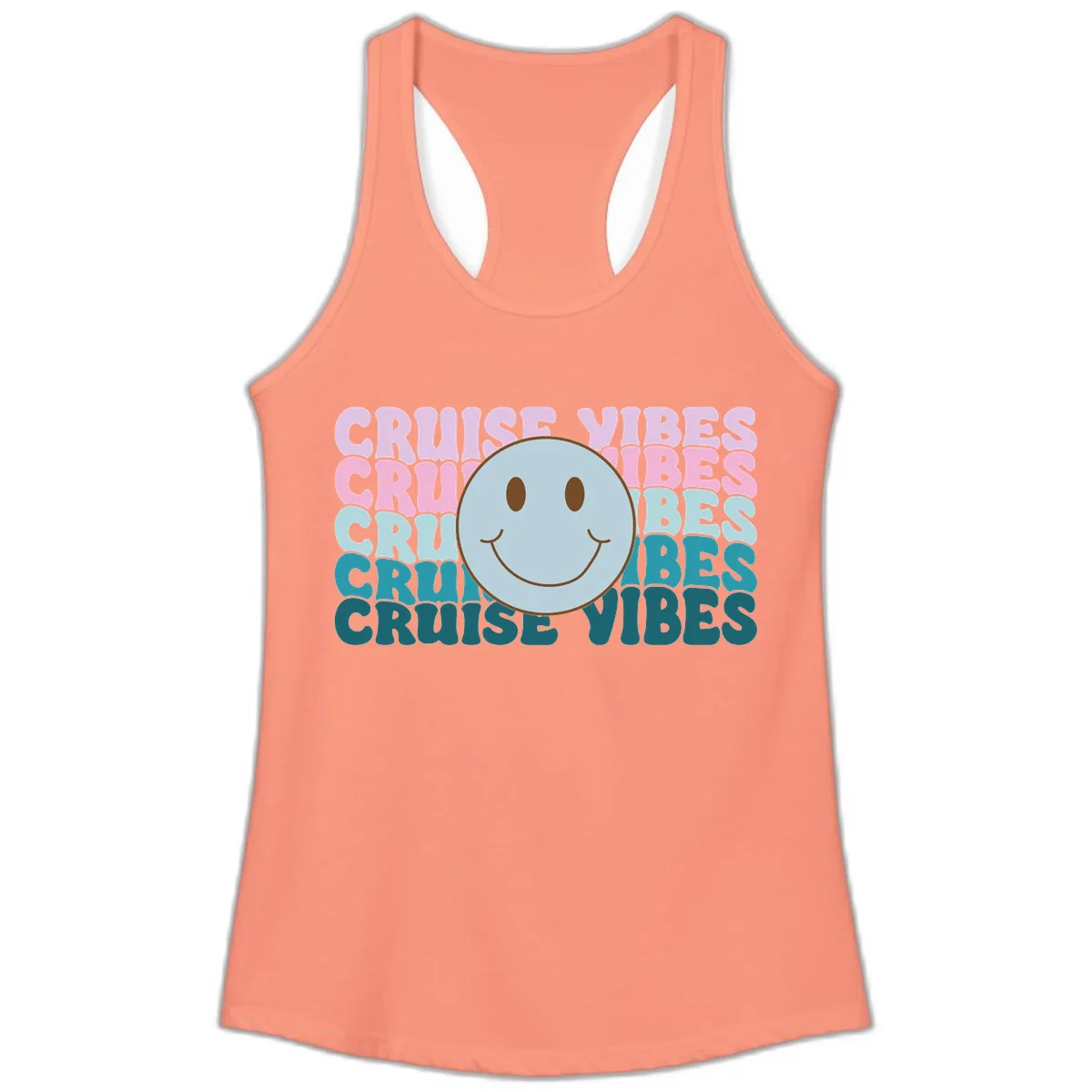 Cruise Vibes Smiley Face Ladies Tank in Solid Light Orange