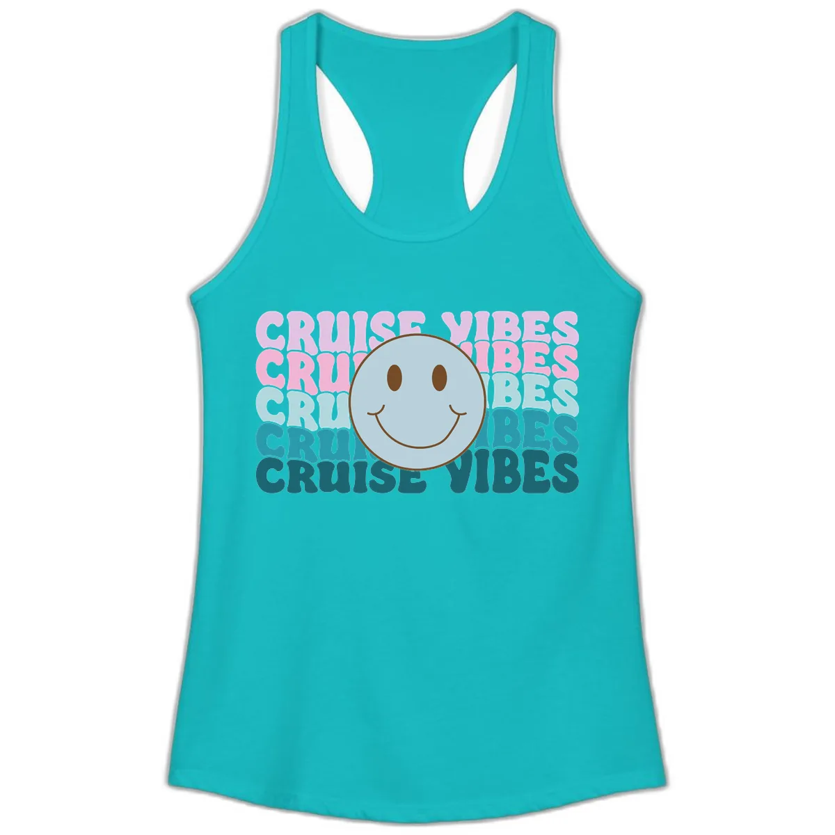 Cruise Vibes Smiley Face Ladies Tank in Tahiti Blue