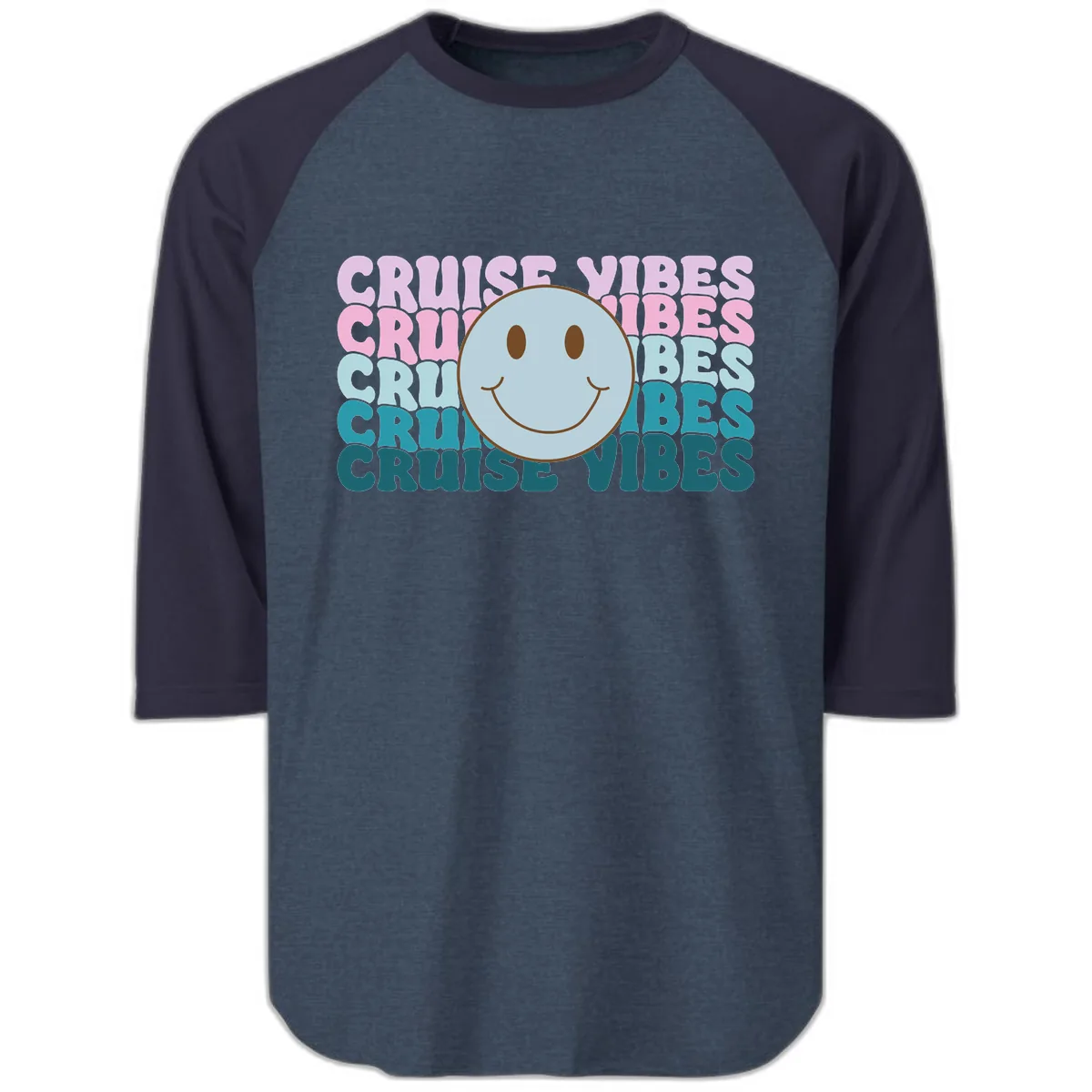 Cruise Vibes Smiley Face Raglan 3/4 in Heather Denim Navy