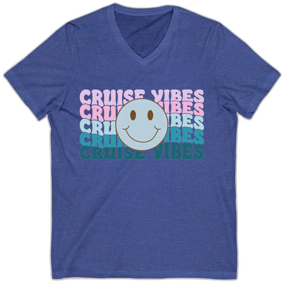 Cruise Vibes Smiley Face V-Neck in Heather True Royal