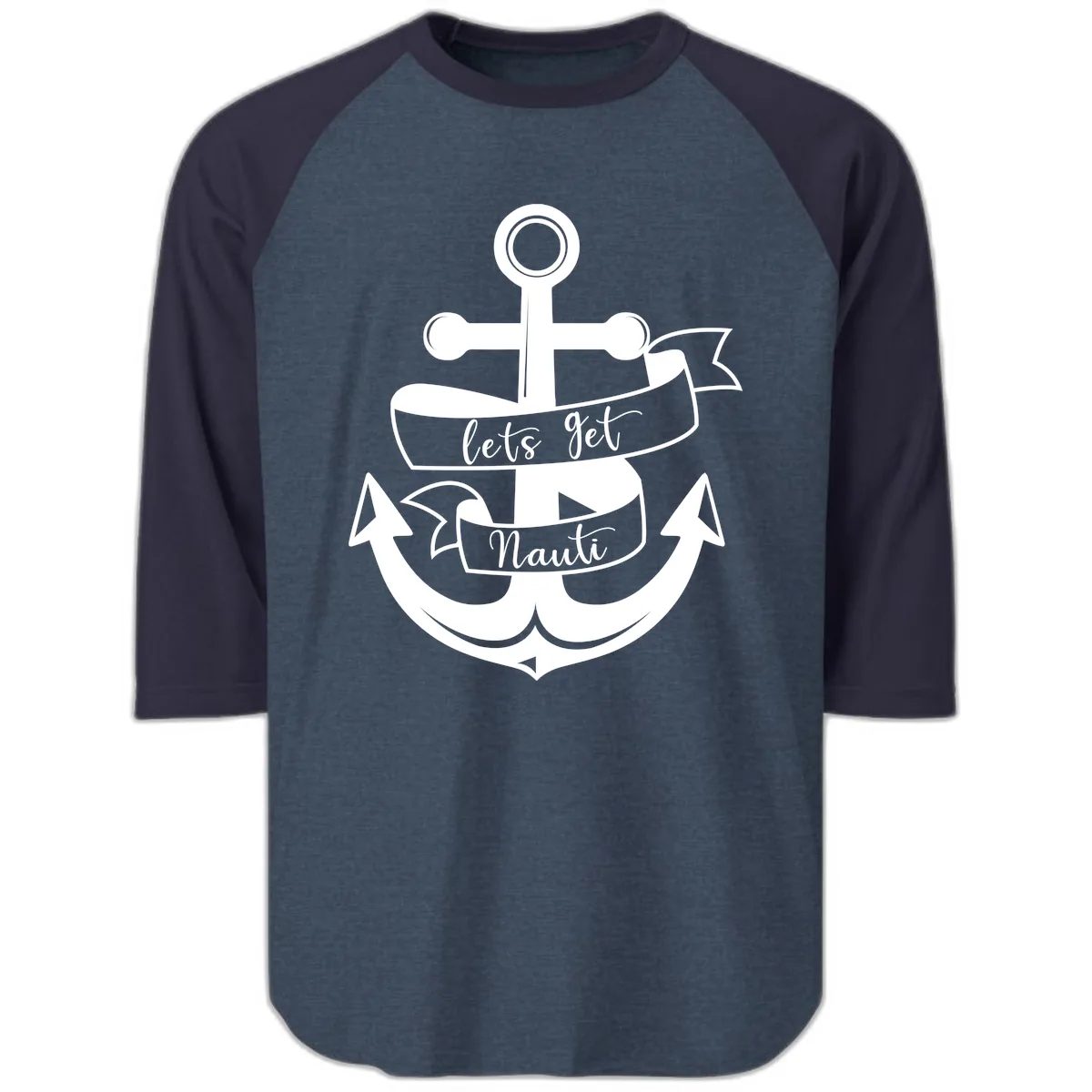 Let's Get Nauti Anchor Raglan 3/4 in Heather Denim Navy