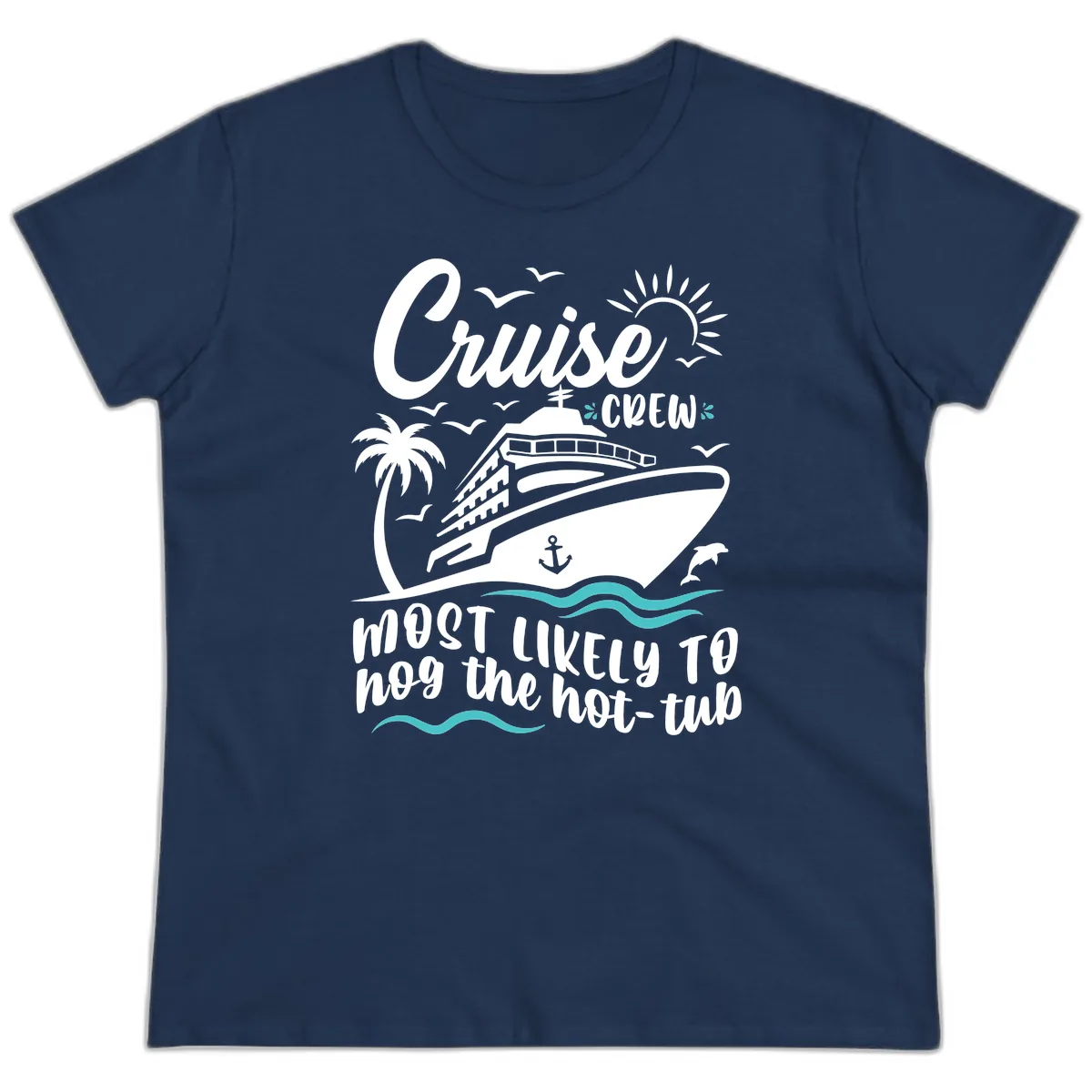 Cruise Crew Hot Tub Humor Ladies Tee in Navy