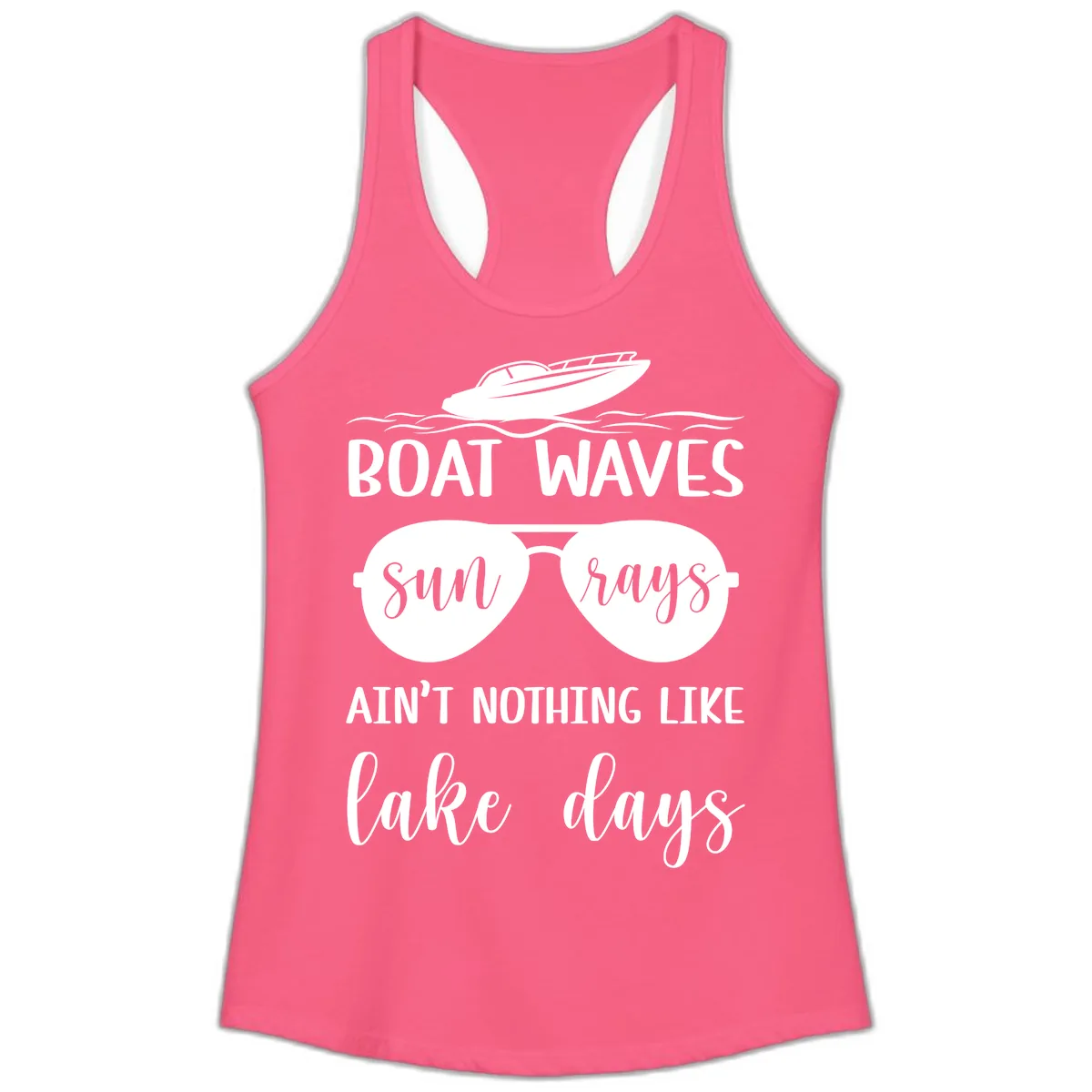 Boat Waves Sun Rays Lake Days Ladies Tank in Solid Hot Pink