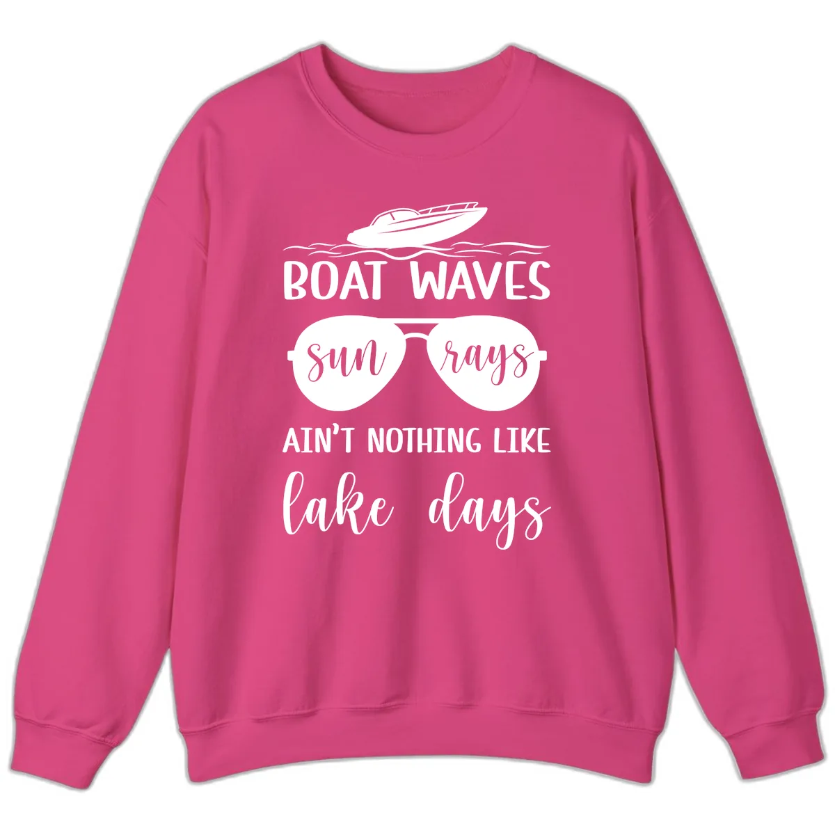 Boat Waves Sun Rays Lake Days Sweatshirt in Heliconia