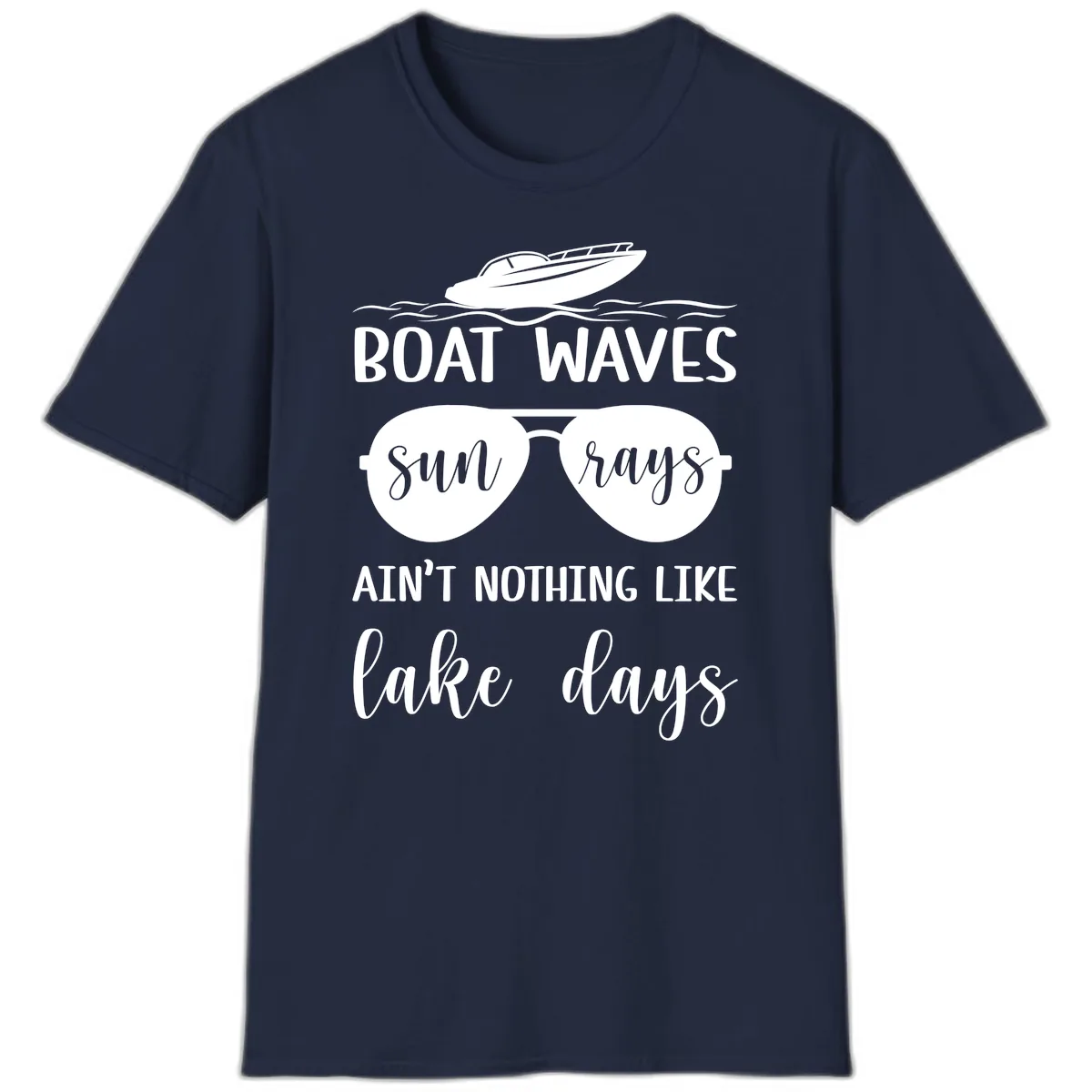 Boat Waves Sun Rays Lake Days T-Shirt in Navy