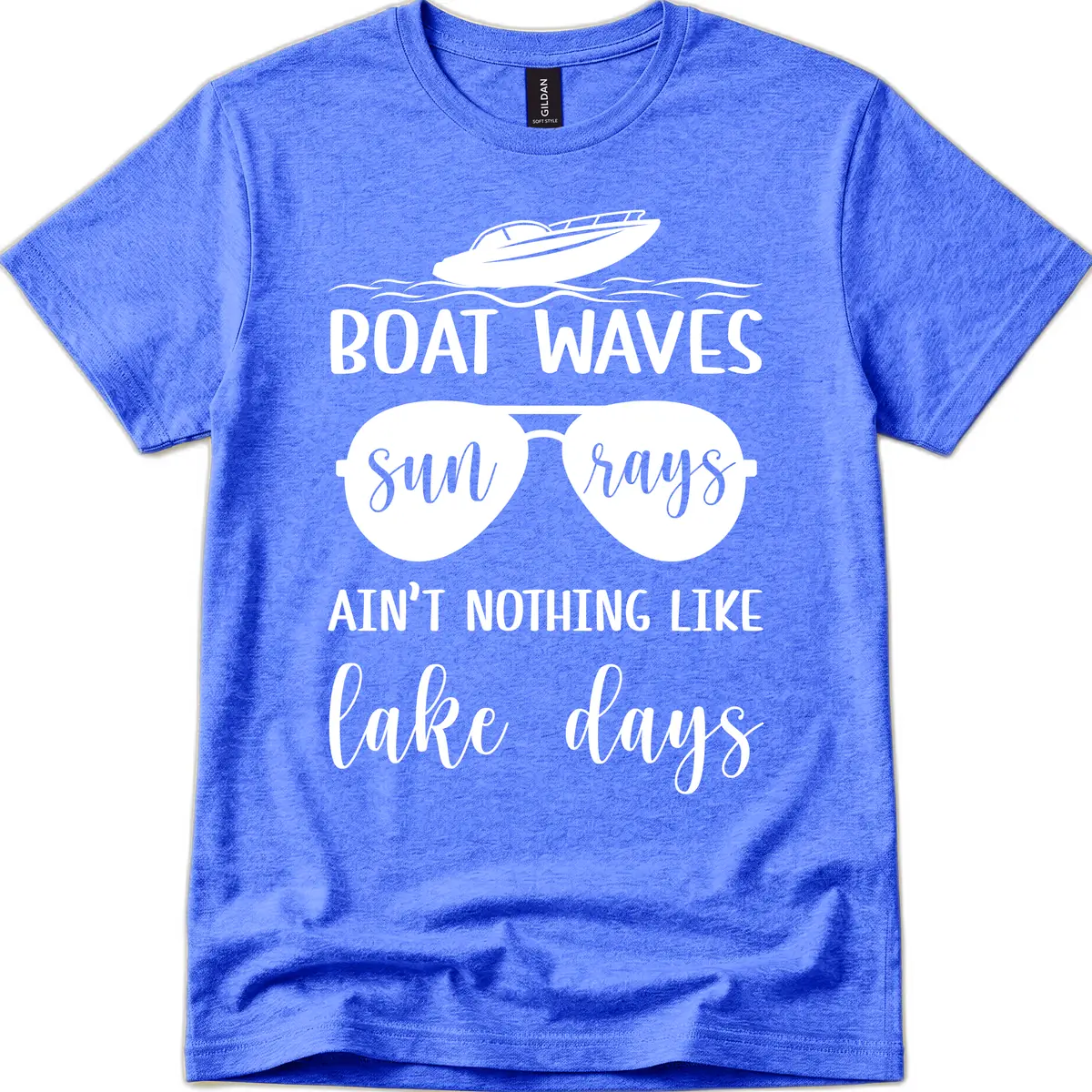 Boat Waves Sun Rays Lake Days T-Shirt in Heather Royal