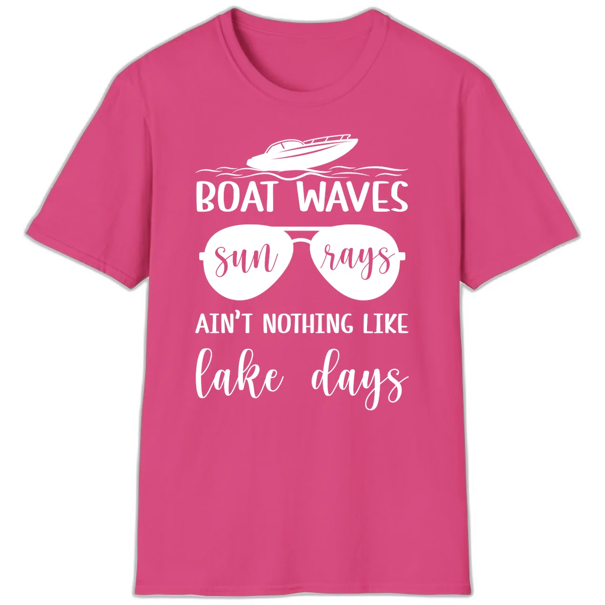 Boat Waves Sun Rays Lake Days T-Shirt in Heliconia
