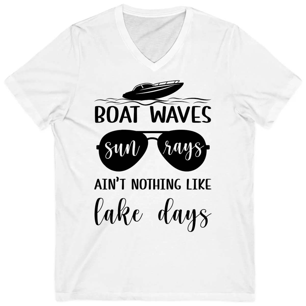 Boat Waves Sun Rays Lake Days V-Neck in White