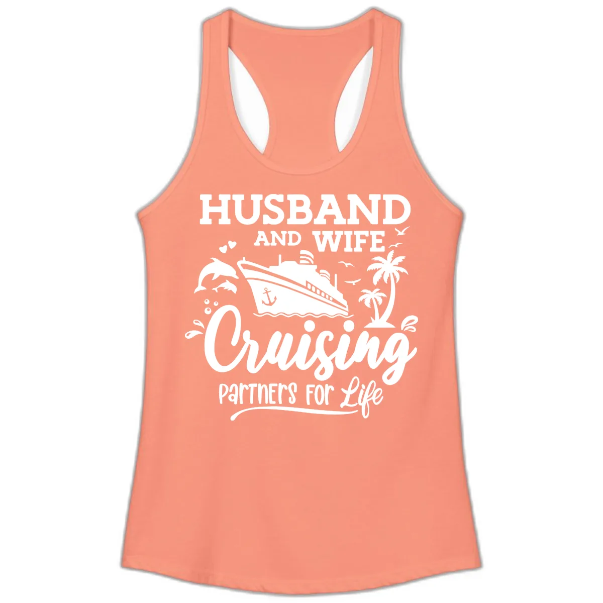Husband And Wife Cruising Partners For Life Ladies Tank in Solid Light Orange