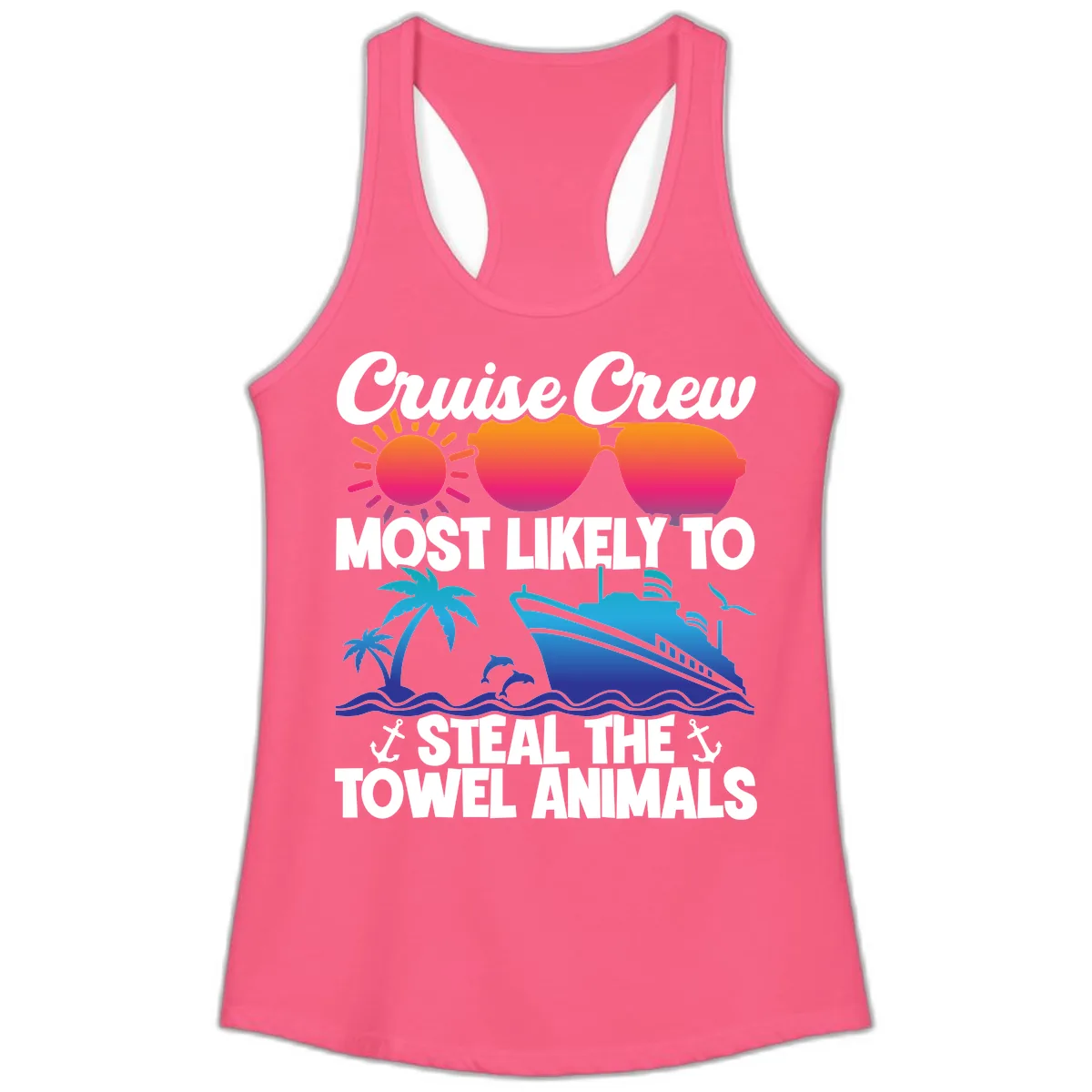 Cruise Crew Steal The Towel Animals Ladies Tank in Solid Hot Pink