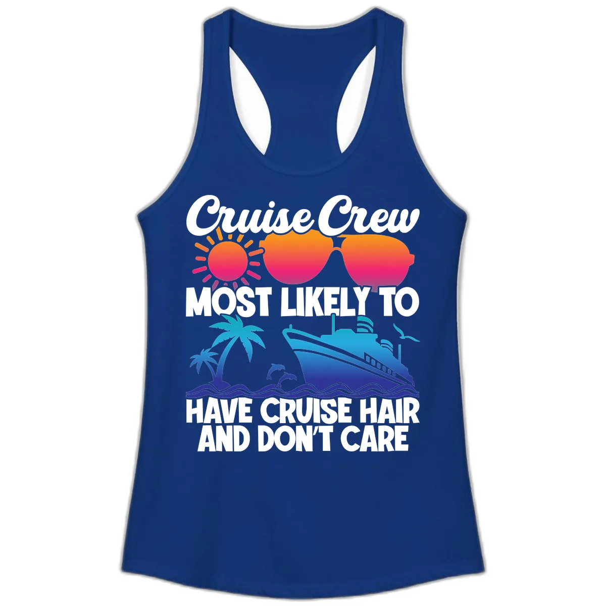 Cruise Crew Most Likely To Have Cruise Hair Ladies Tank in Solid Royal