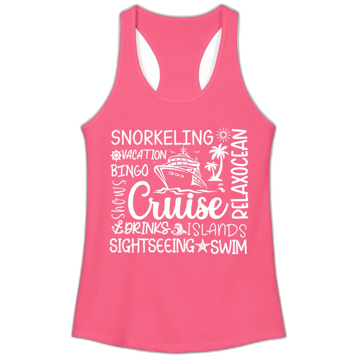 Cruise Word Cloud Vacation Ladies Tank in Solid Hot Pink