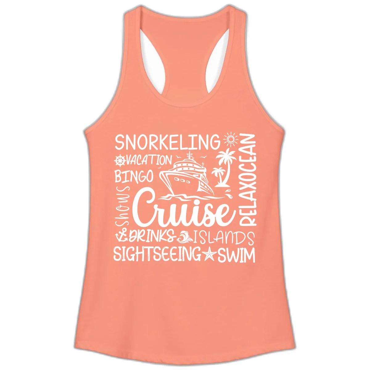Cruise Word Cloud Vacation Ladies Tank in Solid Light Orange