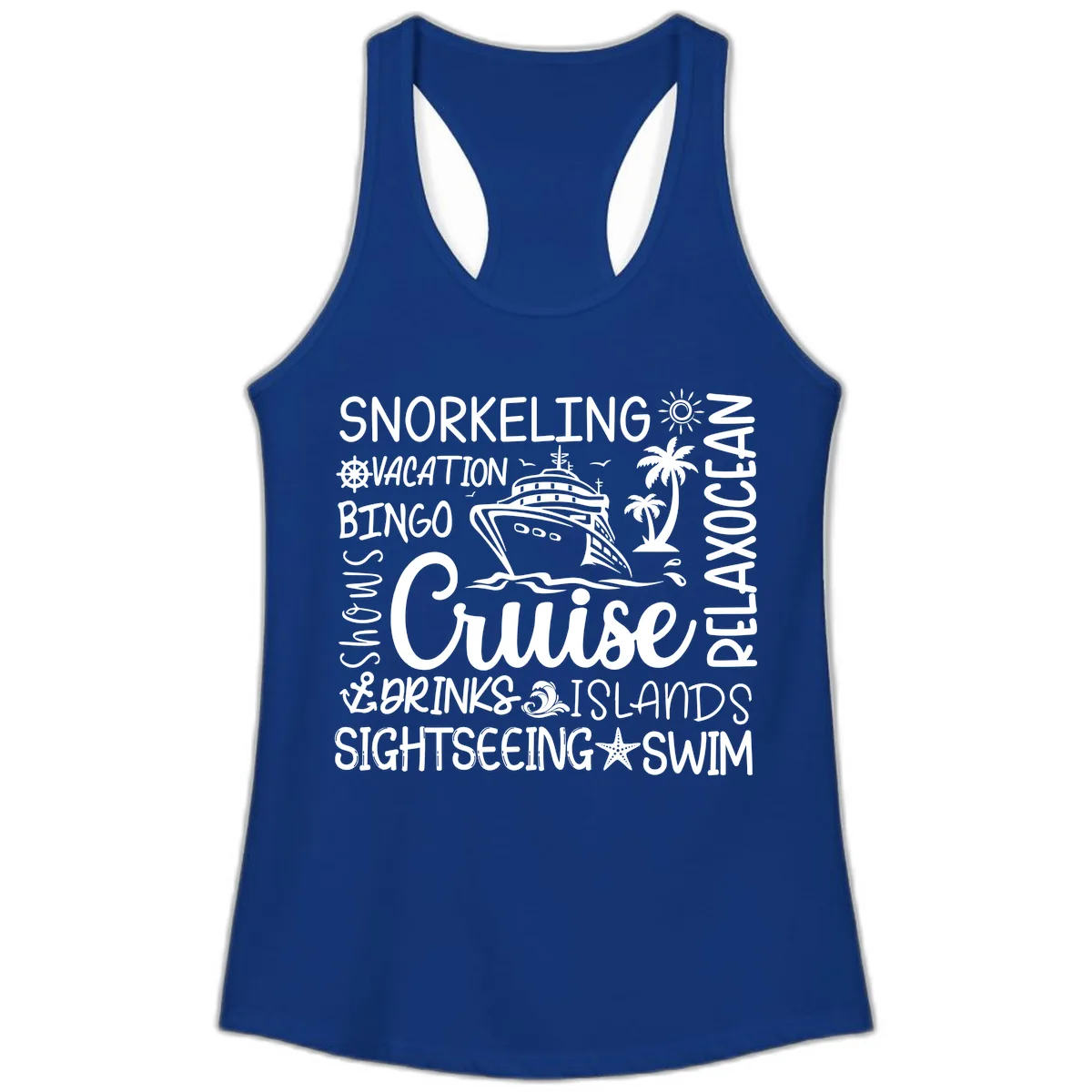 Cruise Word Cloud Vacation Ladies Tank in Solid Royal