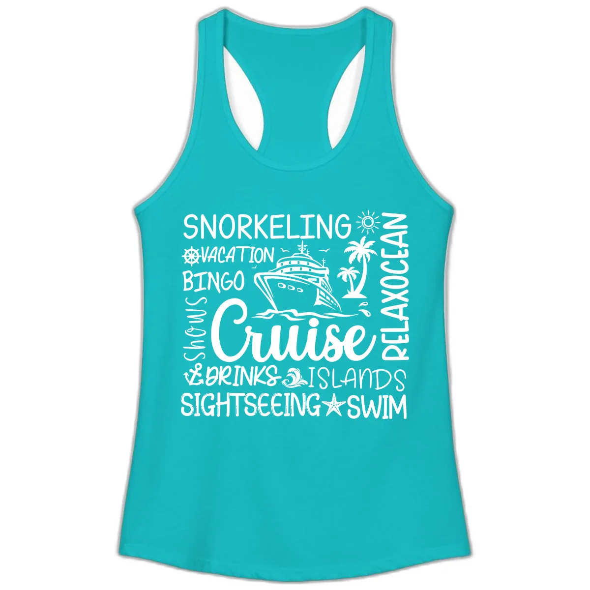 Cruise Word Cloud Vacation Ladies Tank in Tahiti Blue