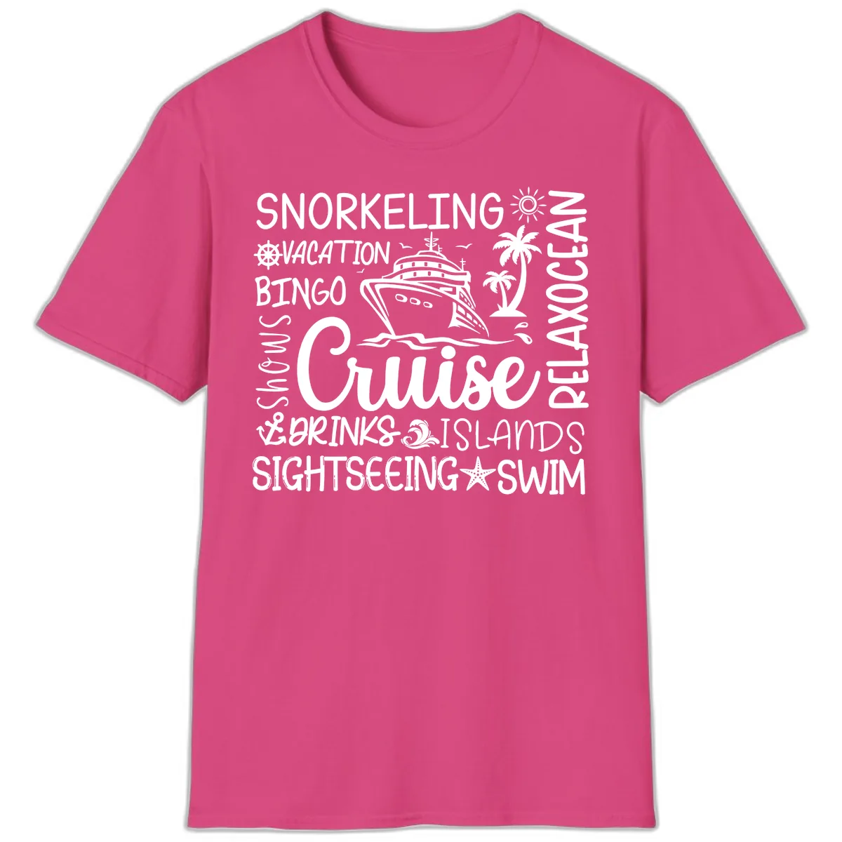Cruise Word Cloud Vacation T-Shirt in Heliconia