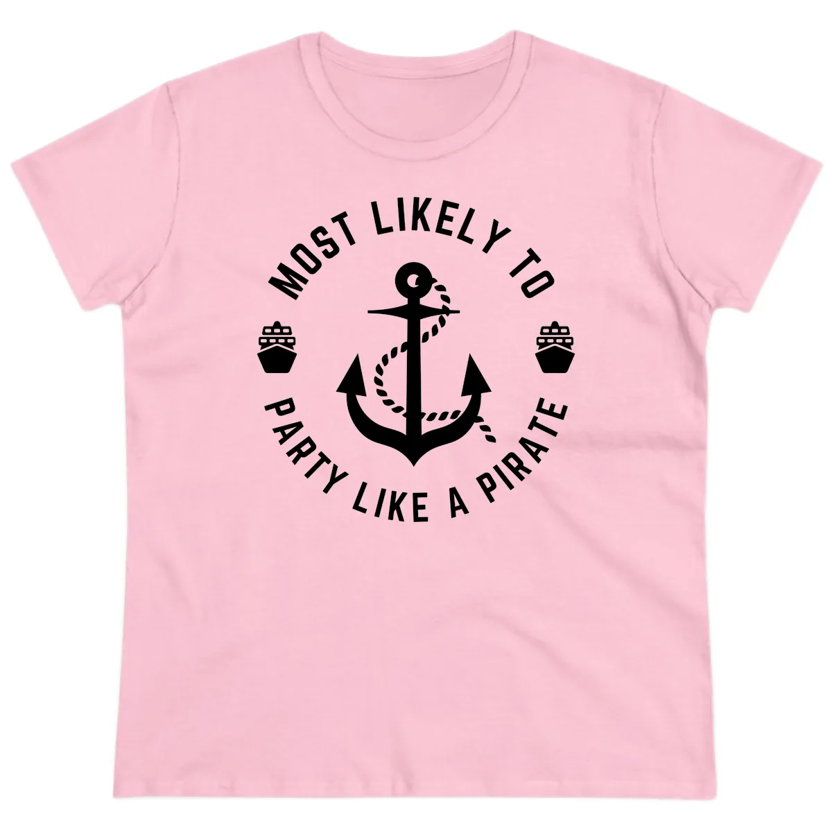 Most Likely To Party Like A Pirate Ladies Tee in Light Pink