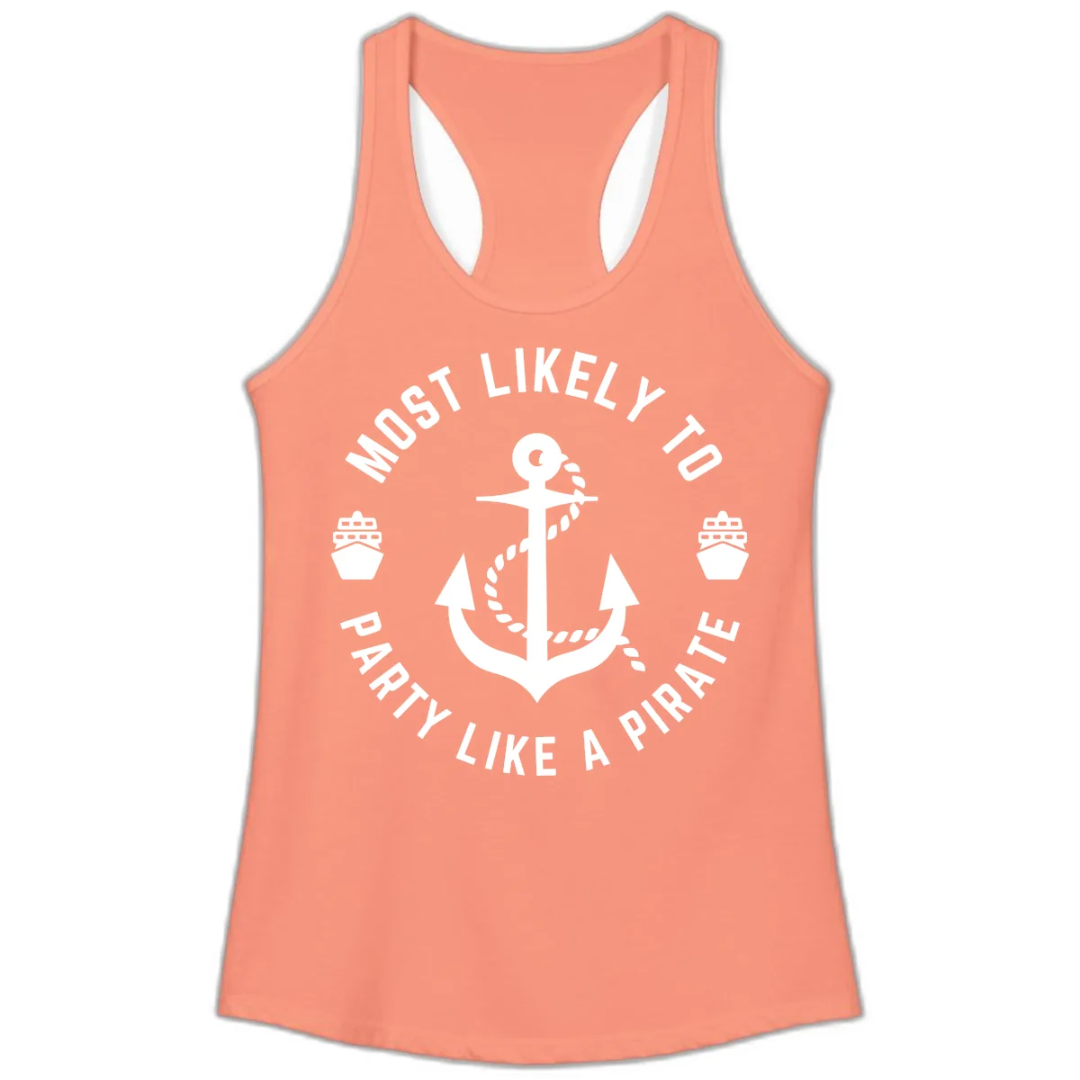 Most Likely To Party Like A Pirate Ladies Tank in Solid Light Orange