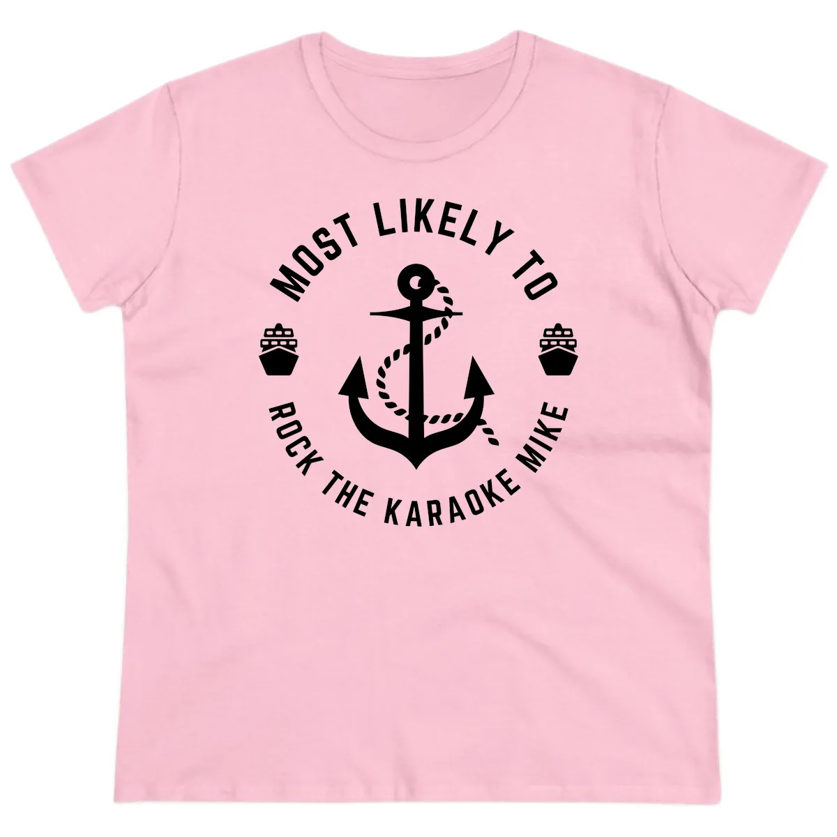 Most Likely To Rock The Karaoke Cruise Ladies Tee in Light Pink