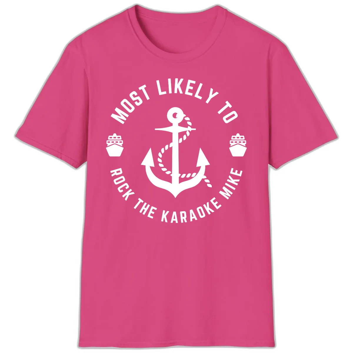 Most Likely To Rock The Karaoke Cruise T-Shirt in Heliconia