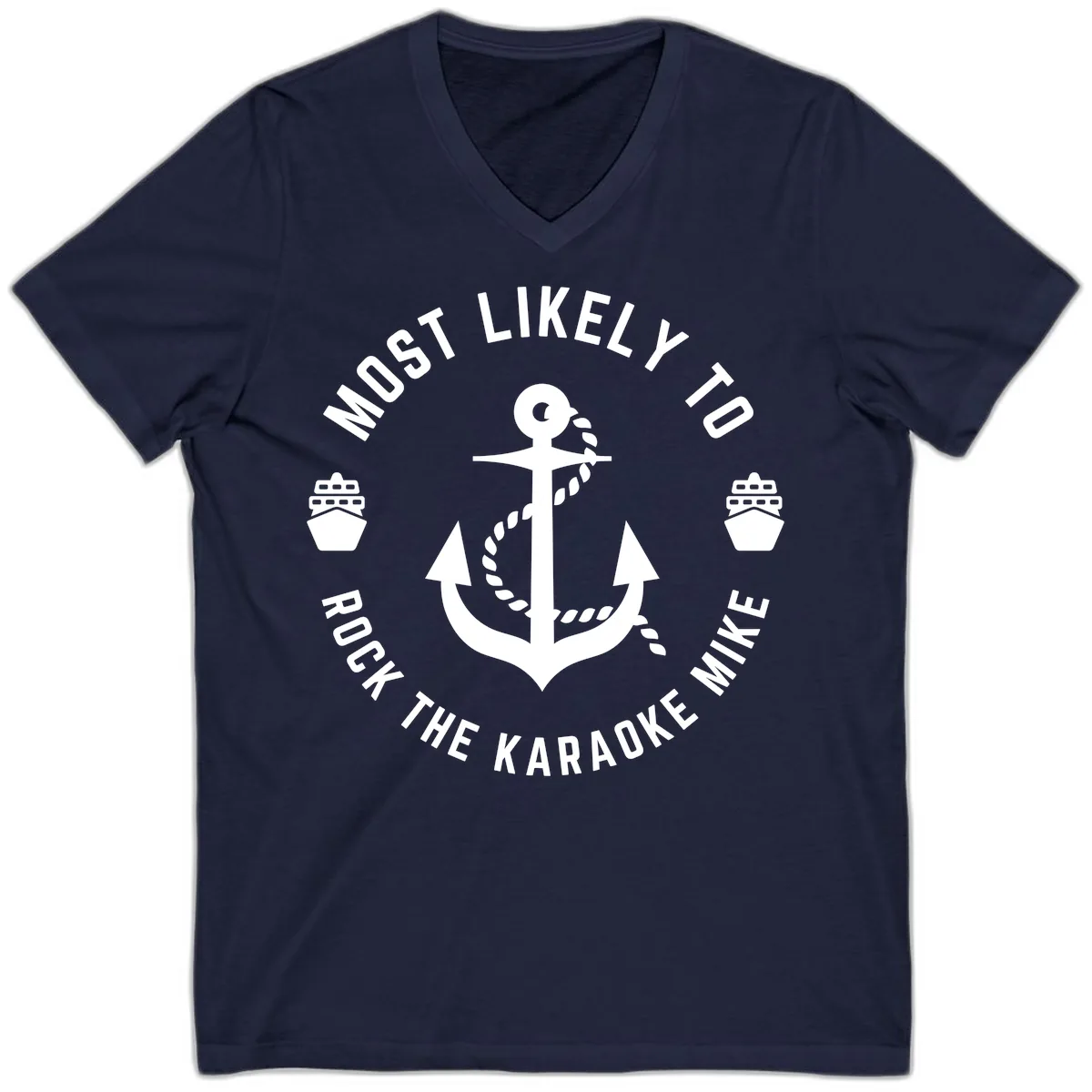 Most Likely To Rock The Karaoke Cruise V-Neck in Navy