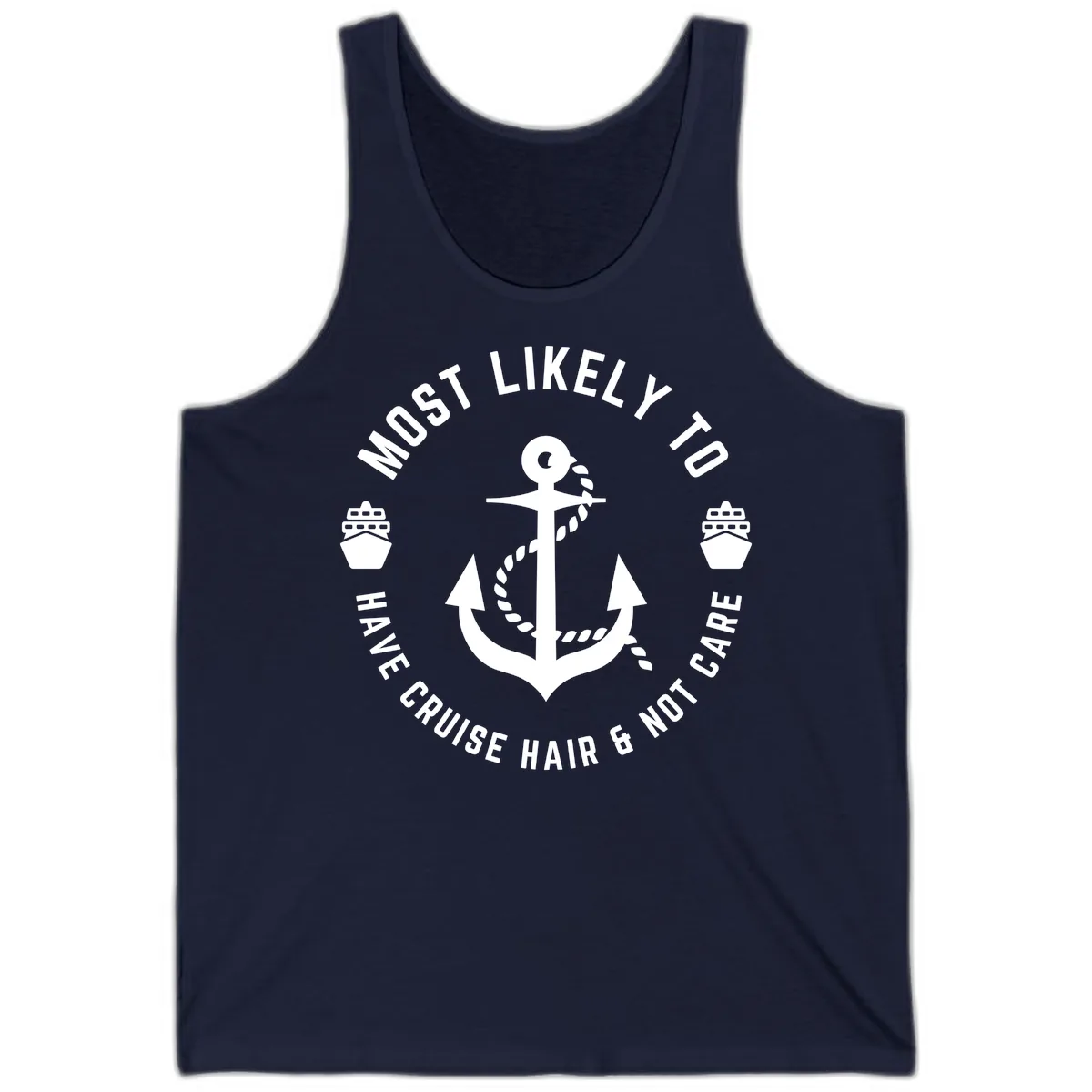 Most Likely To Have Cruise Hair & Not Care Tank in Navy