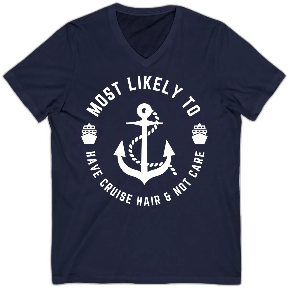 Most Likely To Have Cruise Hair & Not Care V-Neck in Navy