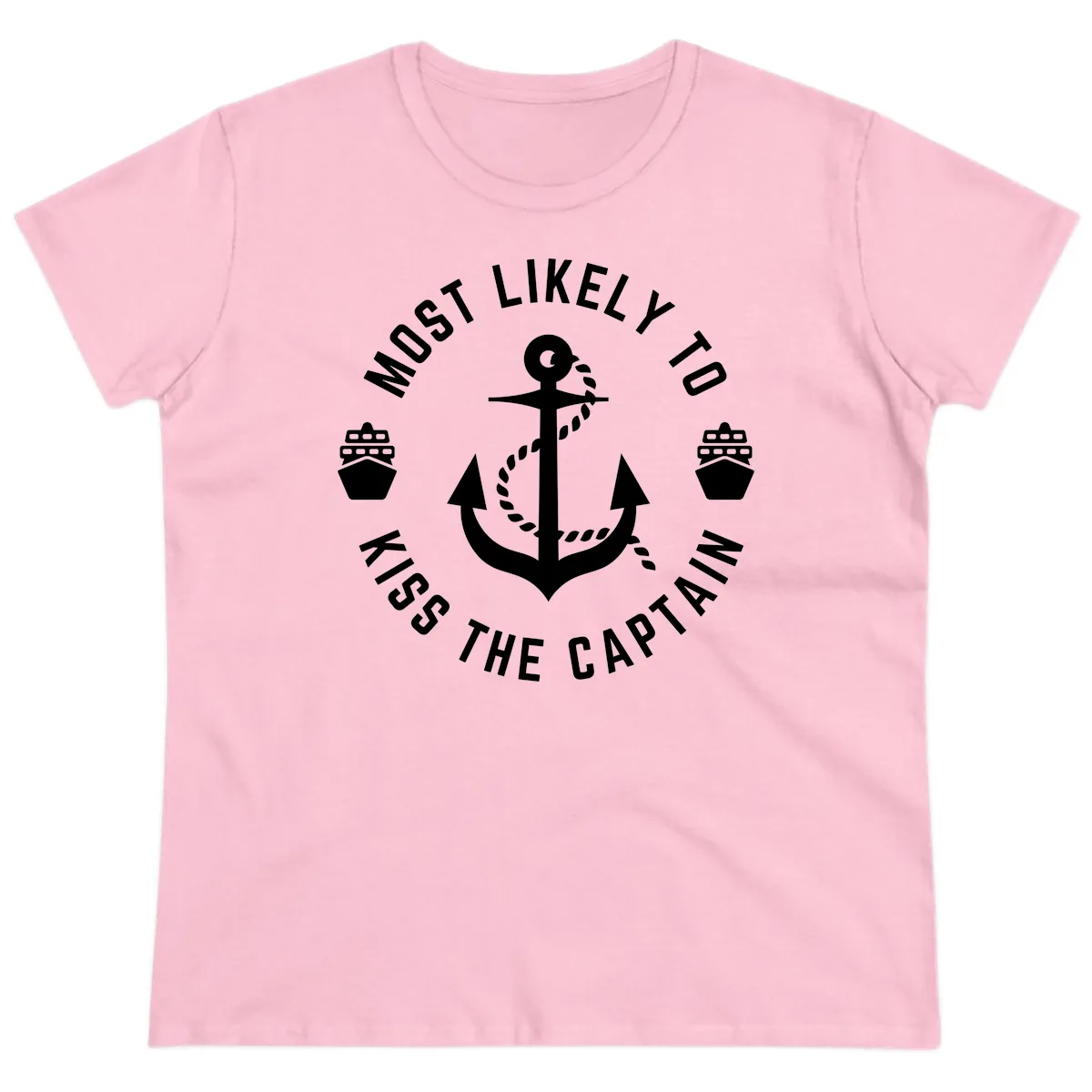 Most Likely To Kiss The Captain Ahoy Ladies Tee in Light Pink