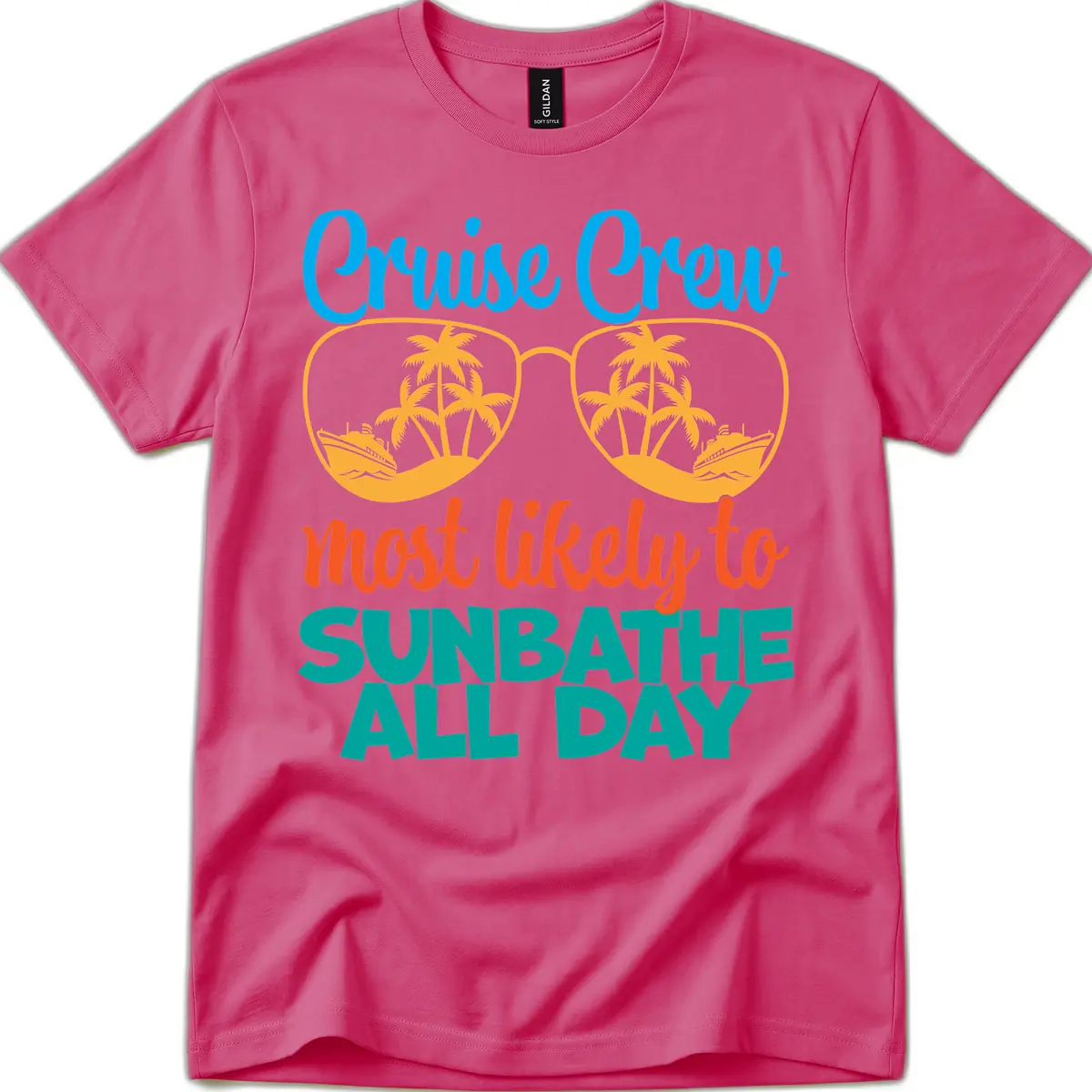 Cruise Crew Most Likely To Sunbathe All Day T-Shirt in Heliconia
