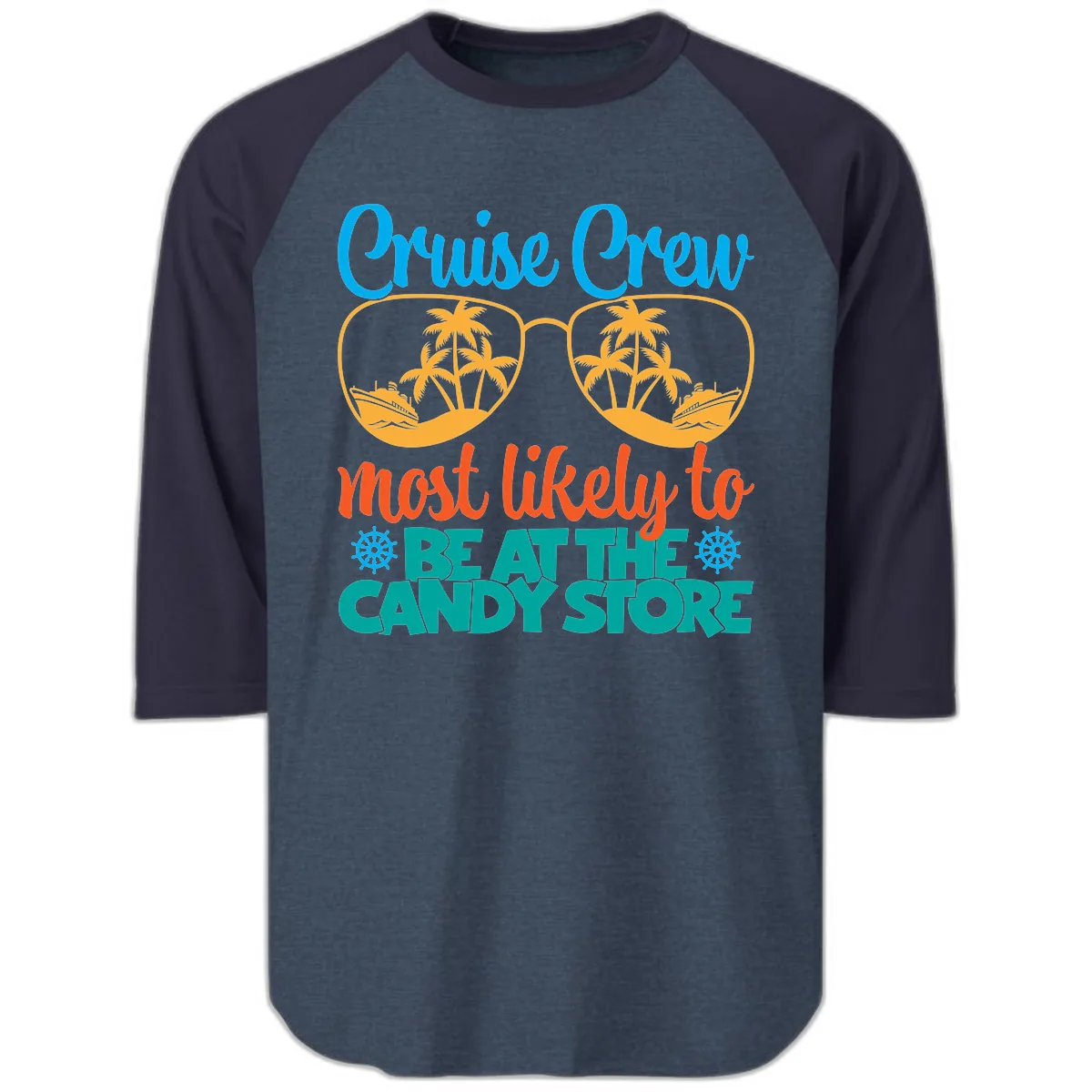 Cruise Crew Most Likely To Breathe Candy Store Raglan 3/4 in Heather Denim Navy