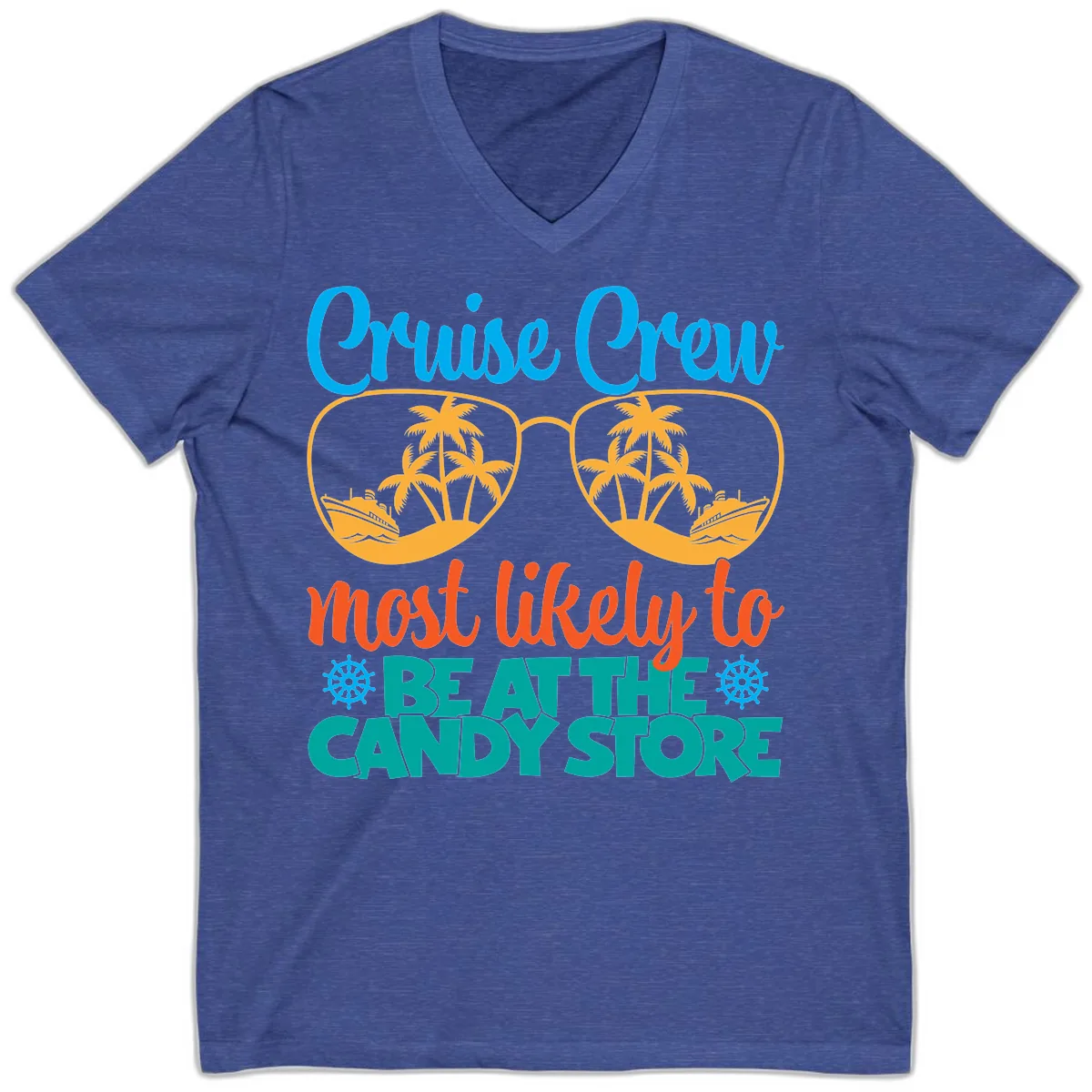 Cruise Crew Most Likely To Breathe Candy Store V-Neck in Heather True Royal
