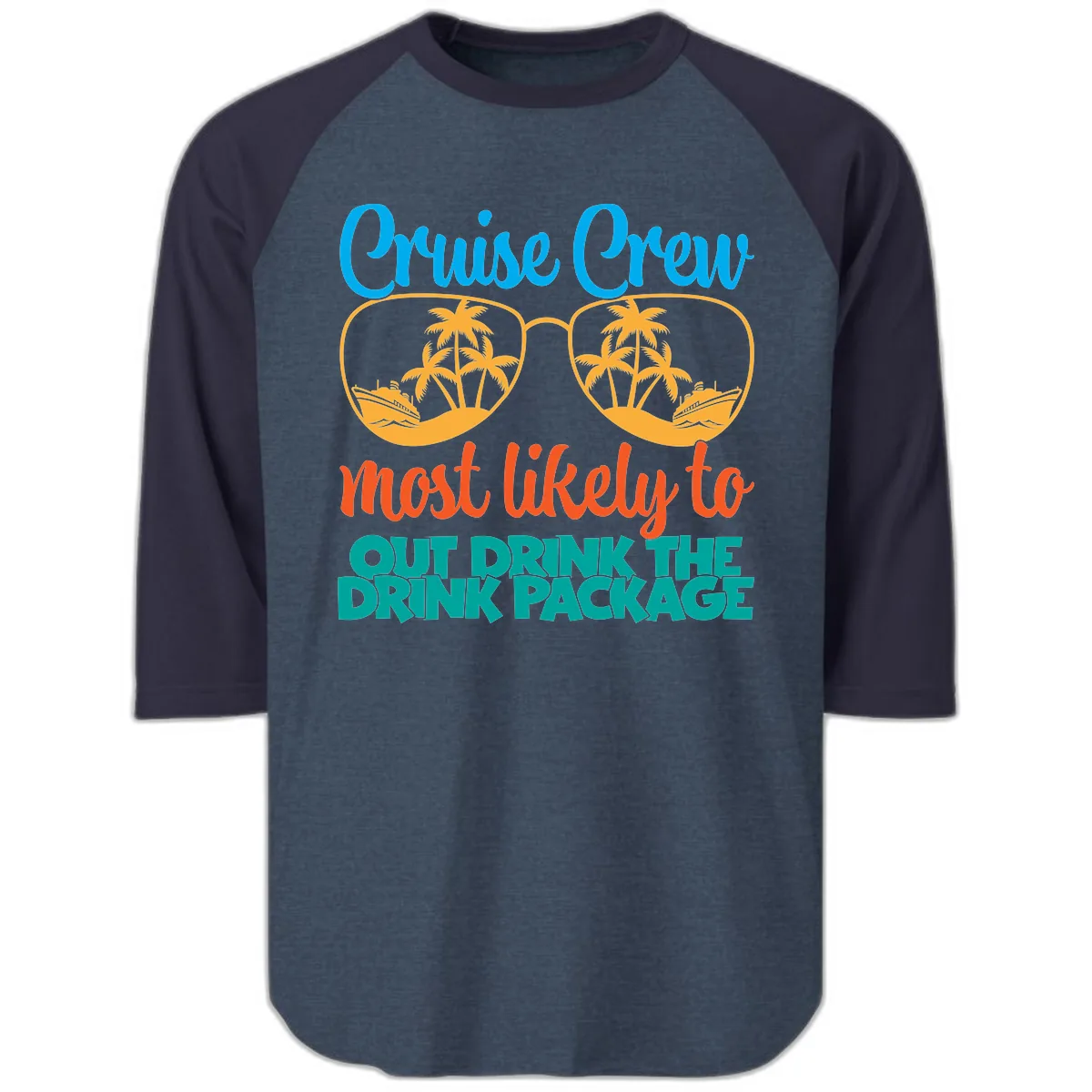 Cruise Crew Most Likely To Drink Package Raglan 3/4 in Heather Denim Navy