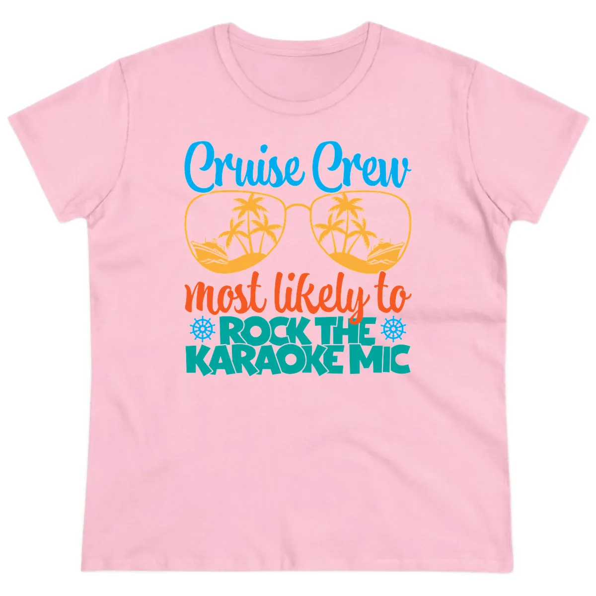 Cruise Crew Most Likely To Rock The Karaoke Mic Ladies Tee in Light Pink