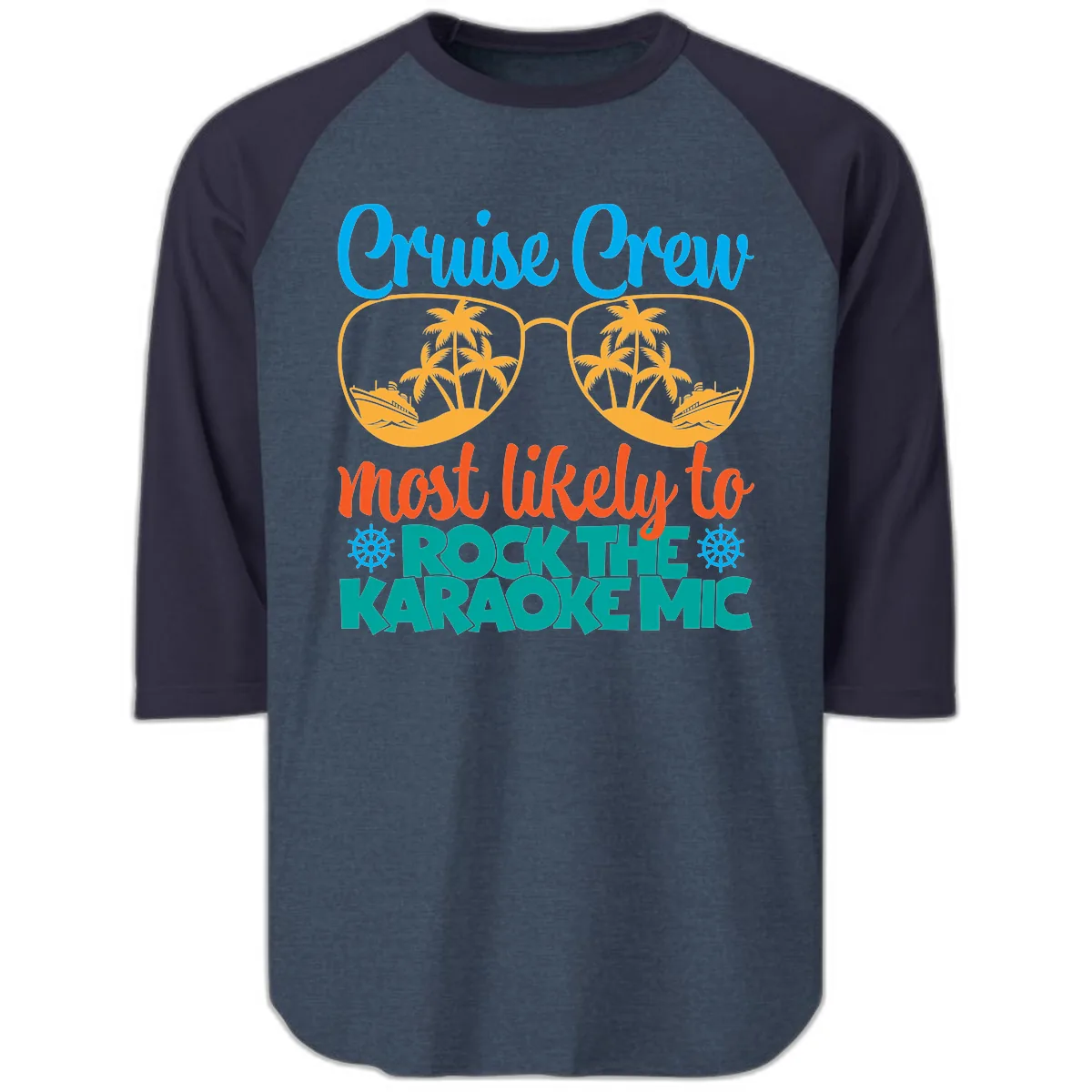 Cruise Crew Most Likely To Rock The Karaoke Mic Raglan 3/4 in Heather Denim Navy