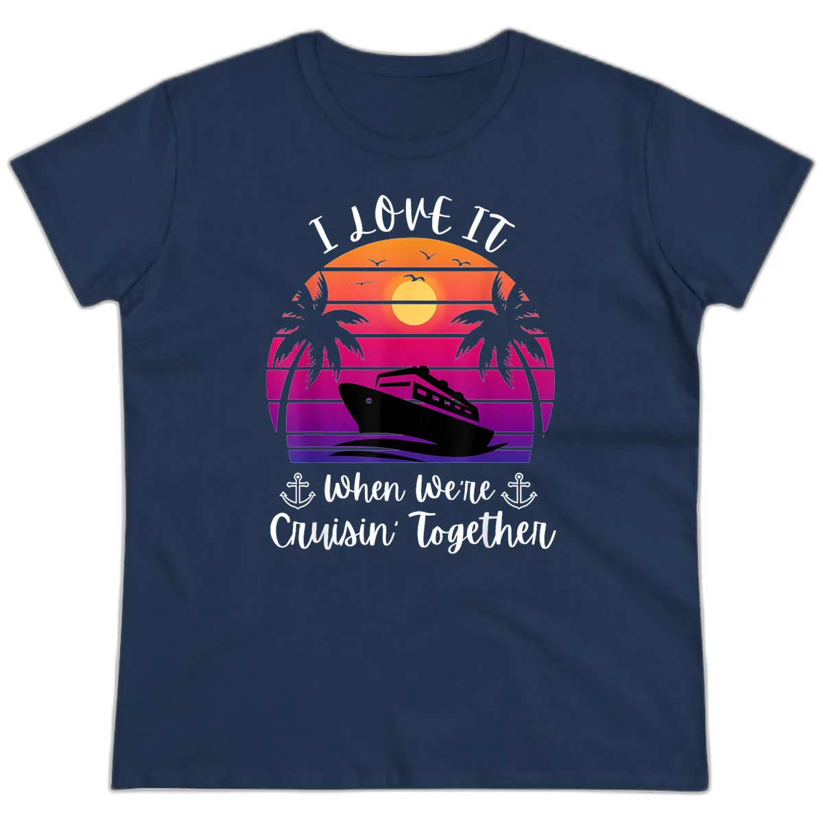 Cruisin' Together Sunset Ship Ladies Tee in Navy