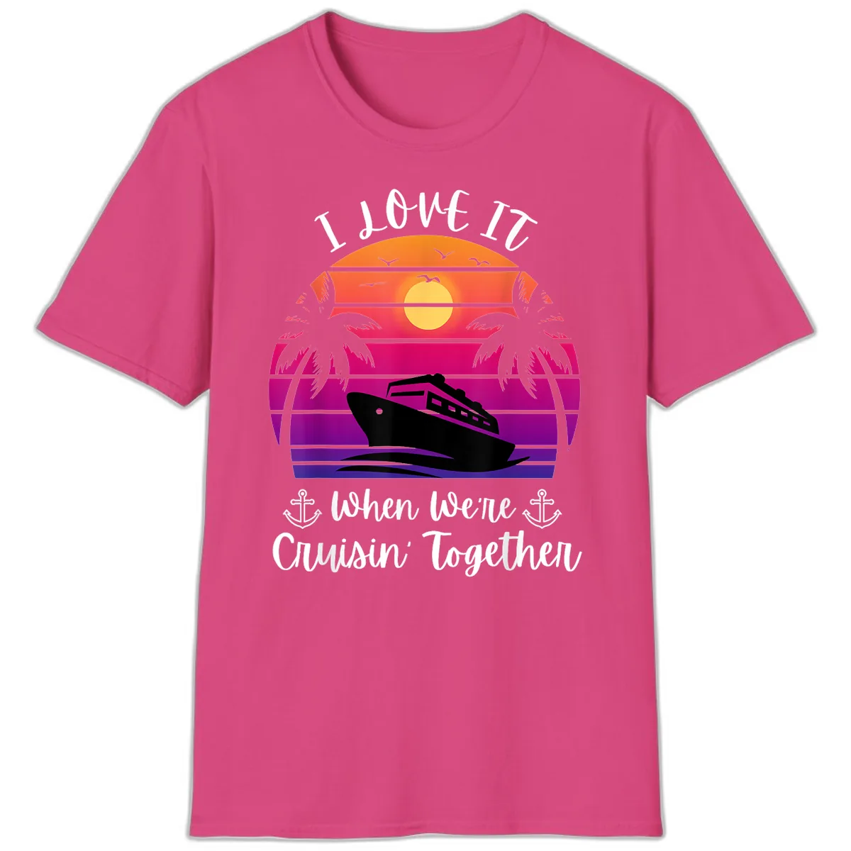 Cruisin' Together Sunset Ship T-Shirt in Heliconia