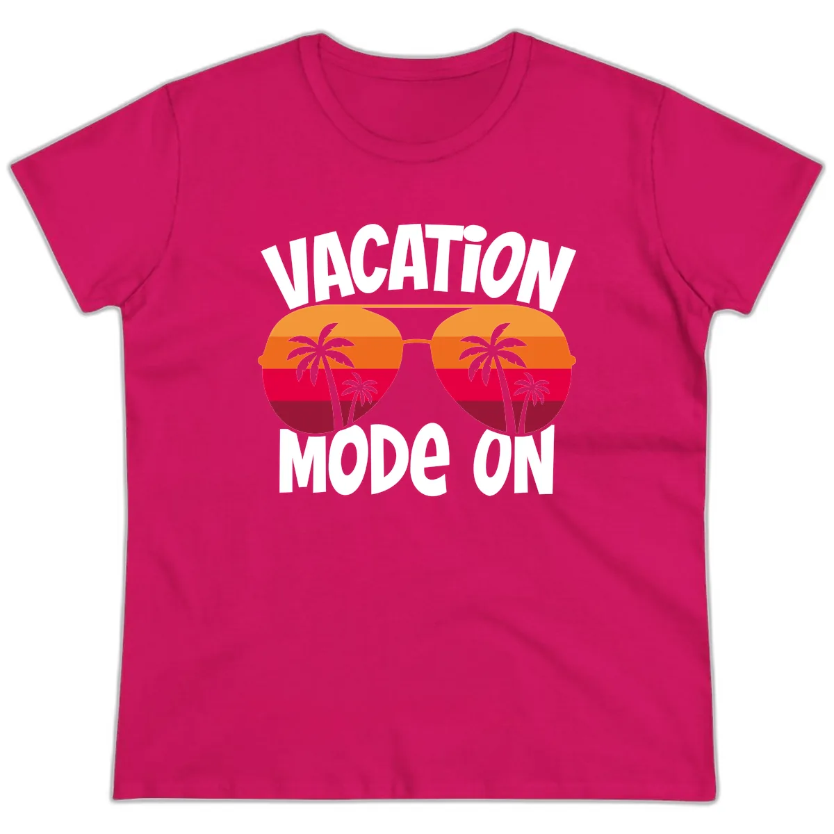 Vacation Mode On Ladies Tee in Heliconia