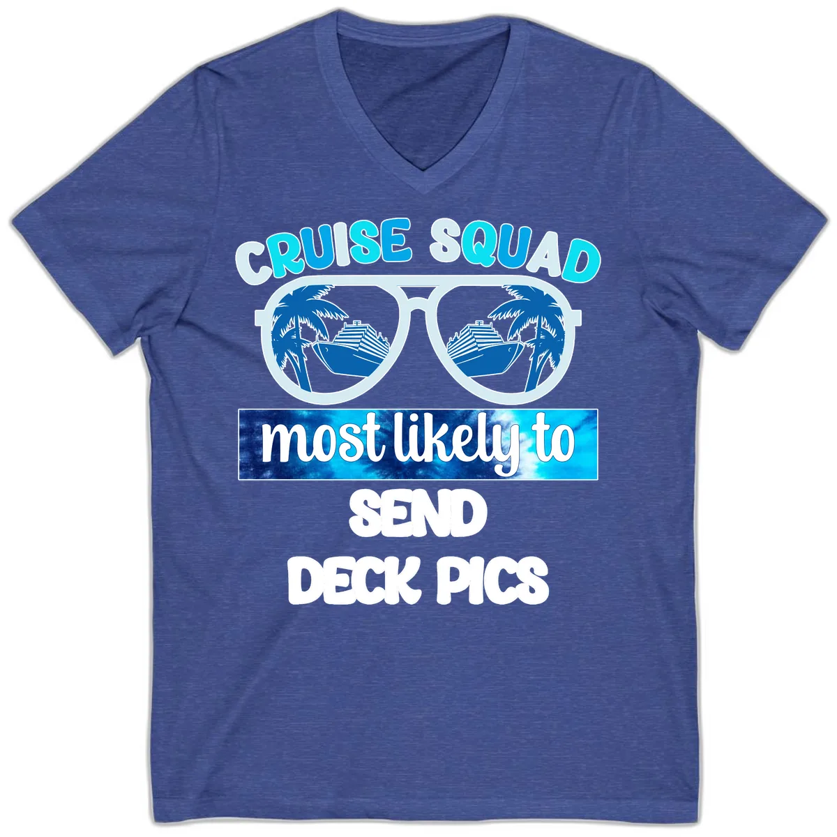 Cruise Squad Sunglasses Deck Pics V-Neck in Heather True Royal