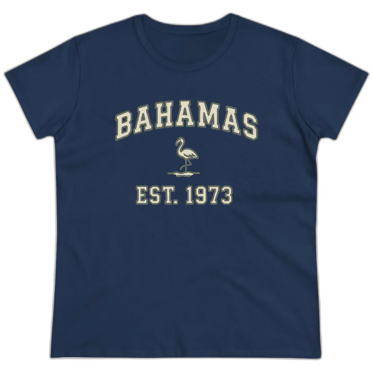 Bahamas Flamingo Established 1973 Ladies Tee in Navy