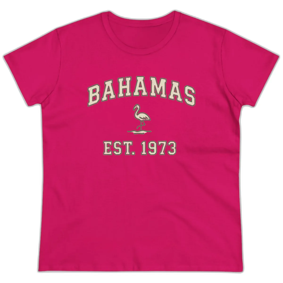 Bahamas Flamingo Established 1973 Ladies Tee in Heliconia