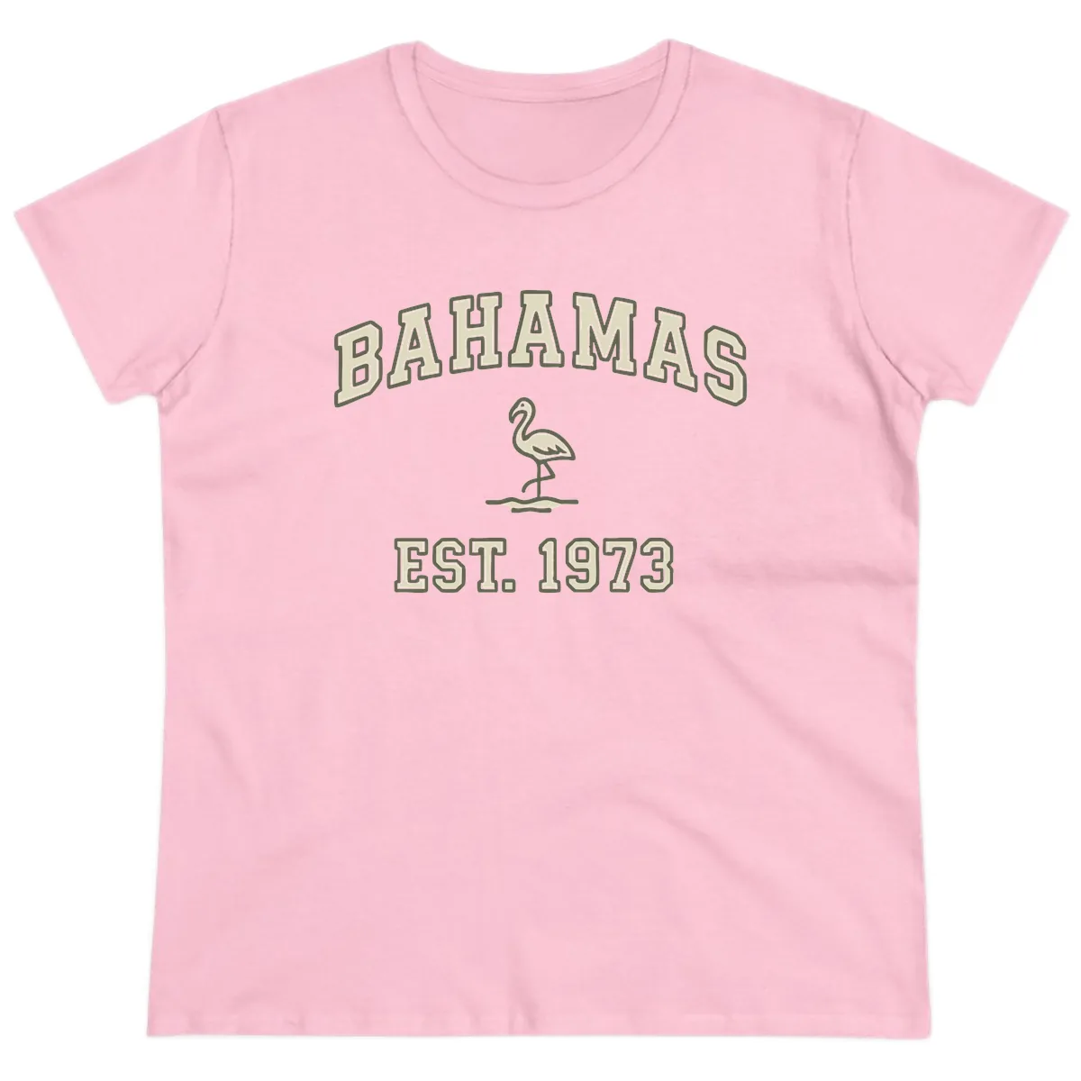 Bahamas Flamingo Established 1973 Ladies Tee in Light Pink
