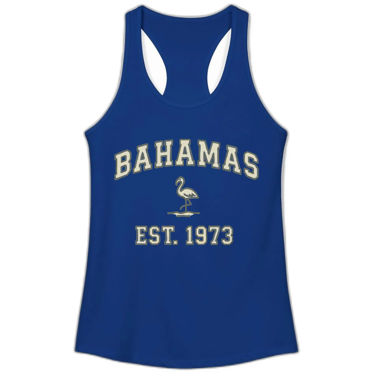 Bahamas Flamingo Established 1973 Ladies Tank in Solid Royal