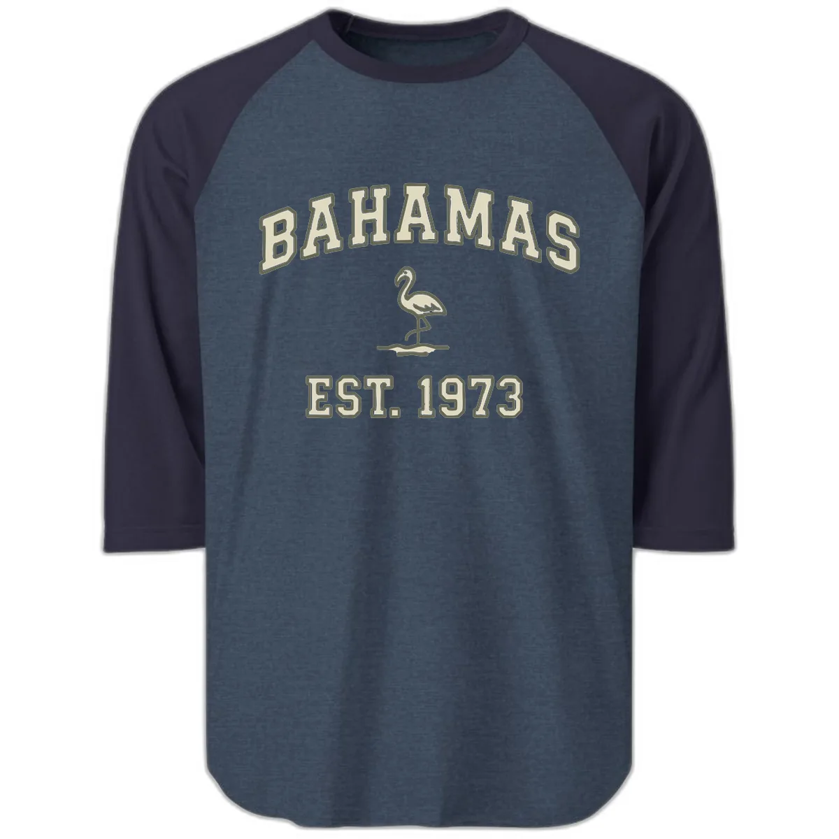 Bahamas Flamingo Established 1973 Raglan 3/4 in Heather Denim Navy