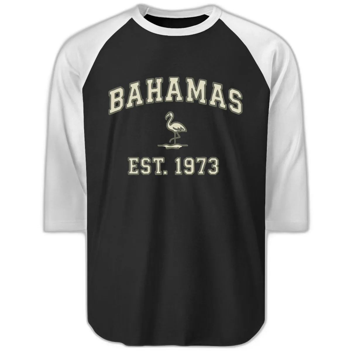 Bahamas Flamingo Established 1973 Raglan 3/4 in Black White